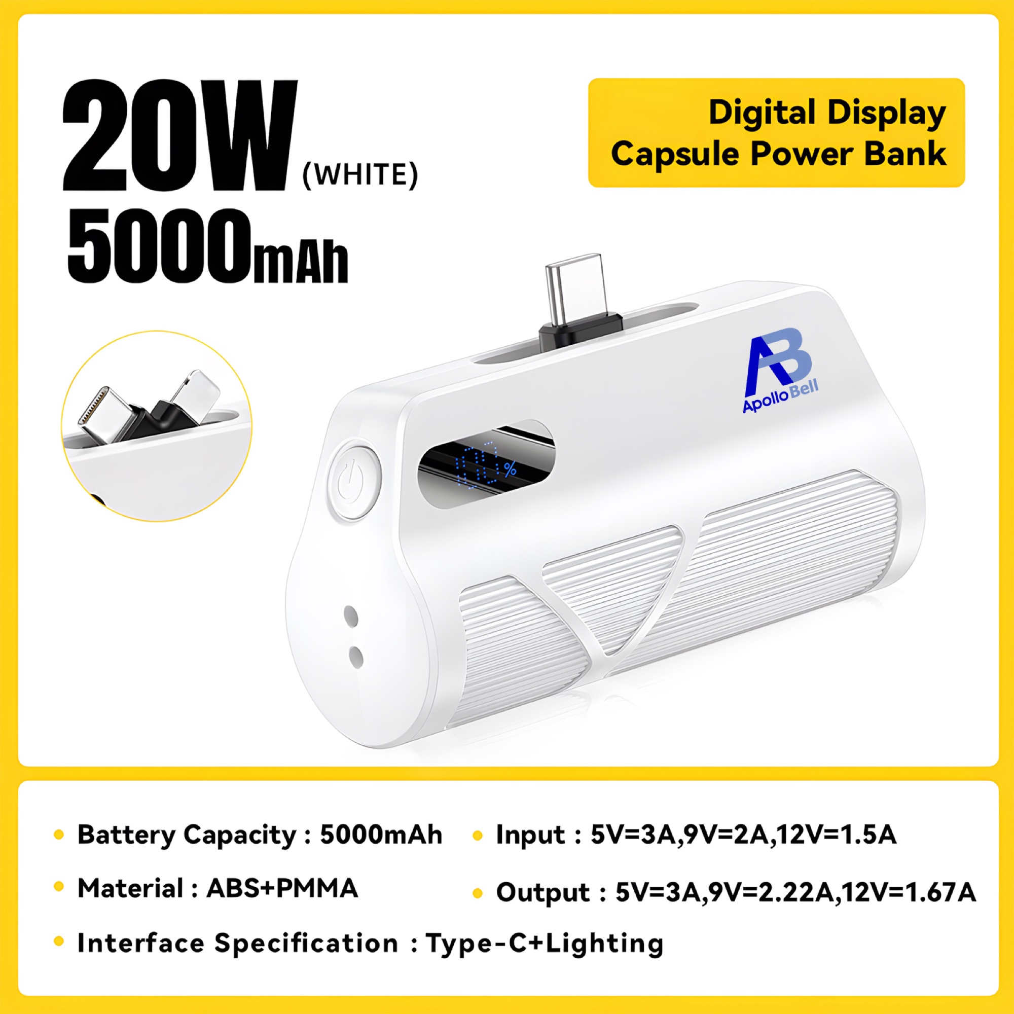 5.000mAh Mini Powerbank, USB-C & Lightning Çift Çıkışlı, Dijital Ekran, Beyaz - 2
