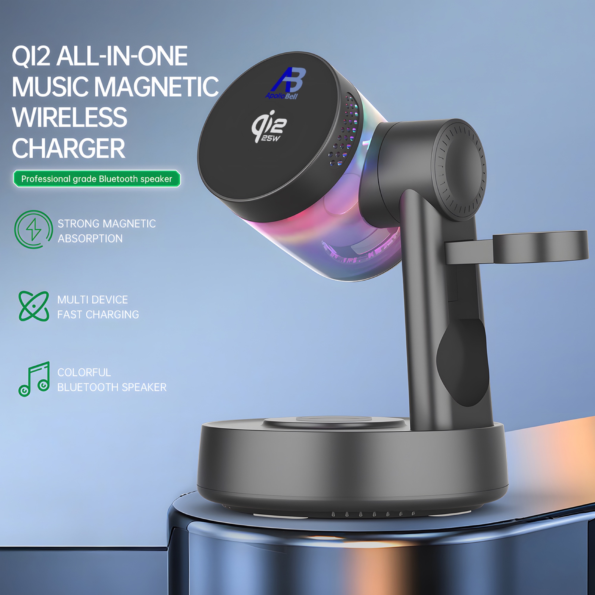 Qi2.2 25W Manyetik Kablosuz Şarj İstasyonu, Bluetooth Hoparlör ve RGB Ortam Işıklı, Siyah - 3
