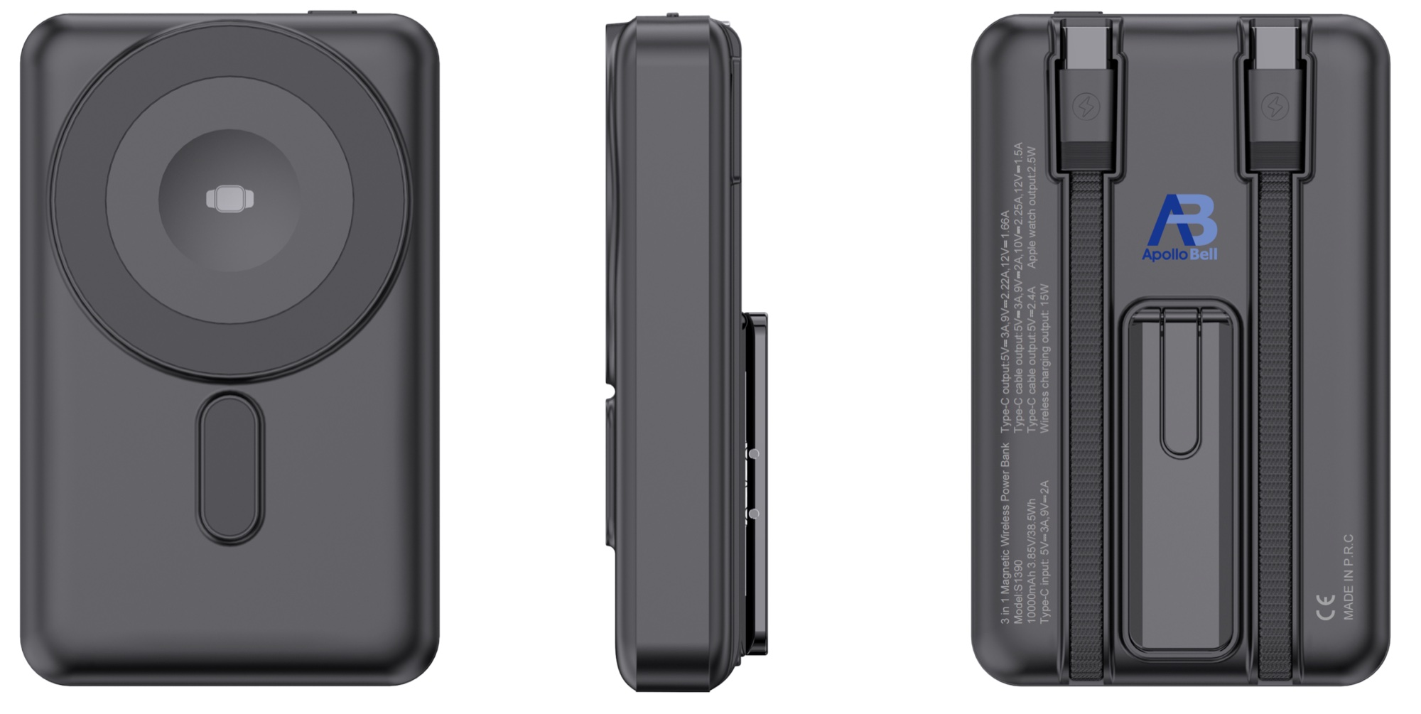 10.000mAh 3'ü 1 Arada Manyetik Kablosuz Powerbank, Dahili USB-C Kablolu ve Standlı, Siyah - 2