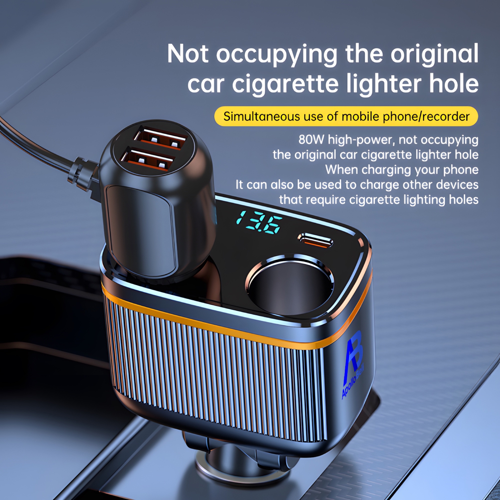 2 USB + 2 Type-C Portlu Araç Şarj Cihazı 145W, Çift Çakmak Soketli ve Dijital Voltaj Ekranlı, Siyah - 7