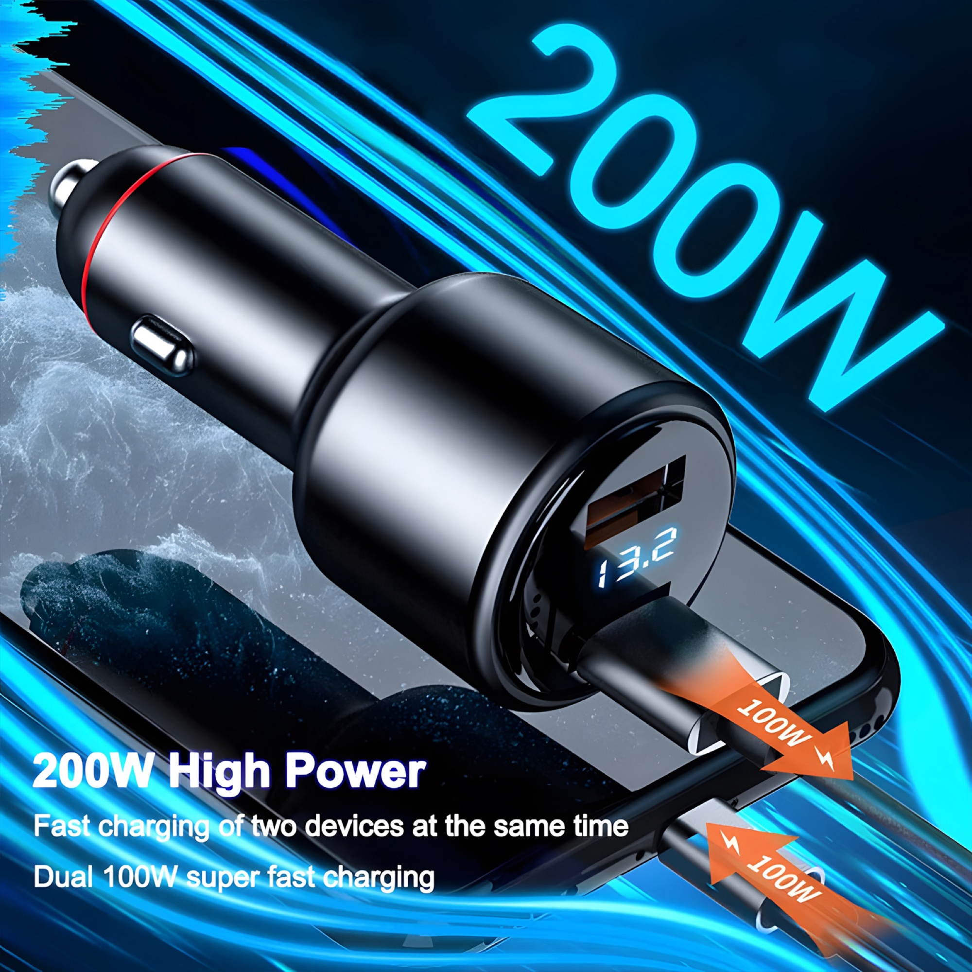 200W Çift USB Araç Şarj Cihazı, Dijital Ekran + 3'ü 1 Arada Kablo (Lightning + Micro + USB-C), Siyah - 7