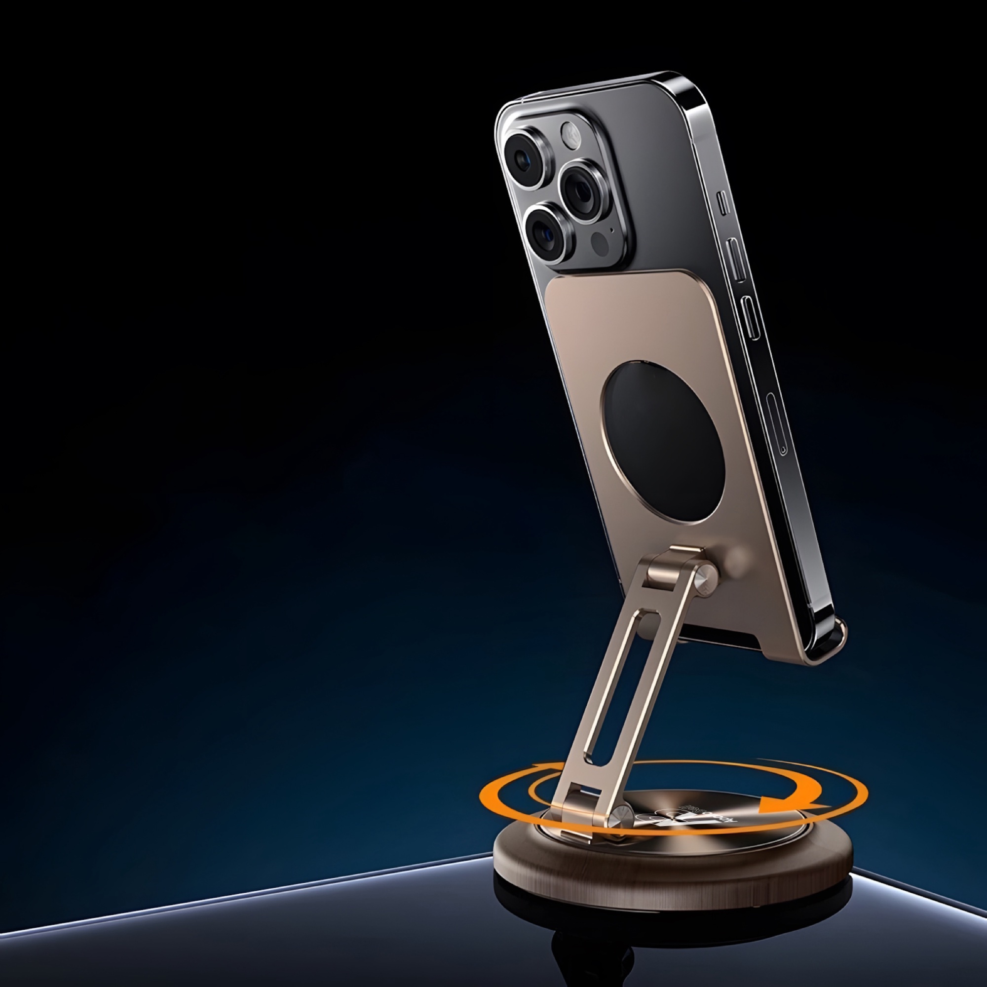Ceviz Tabanlı Alüminyum Telefon Tutucu, 360° Dönebilen Çok Açılı, Altın - 3