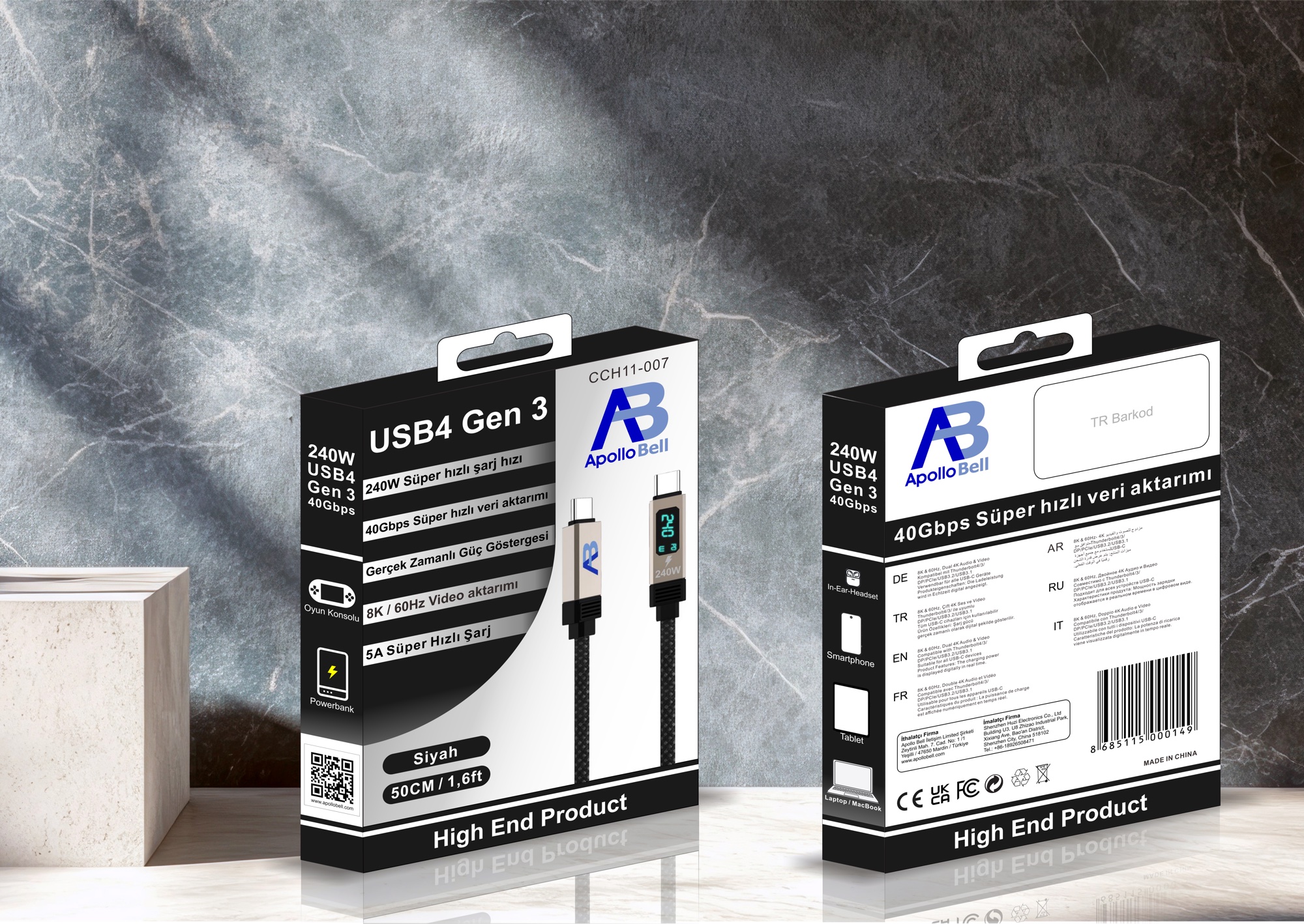 USB4 Gen3 Kablo 240W / 40Gbps Dijital Ekranlı Örgülü USB-C, 50cm Siyah - 3
