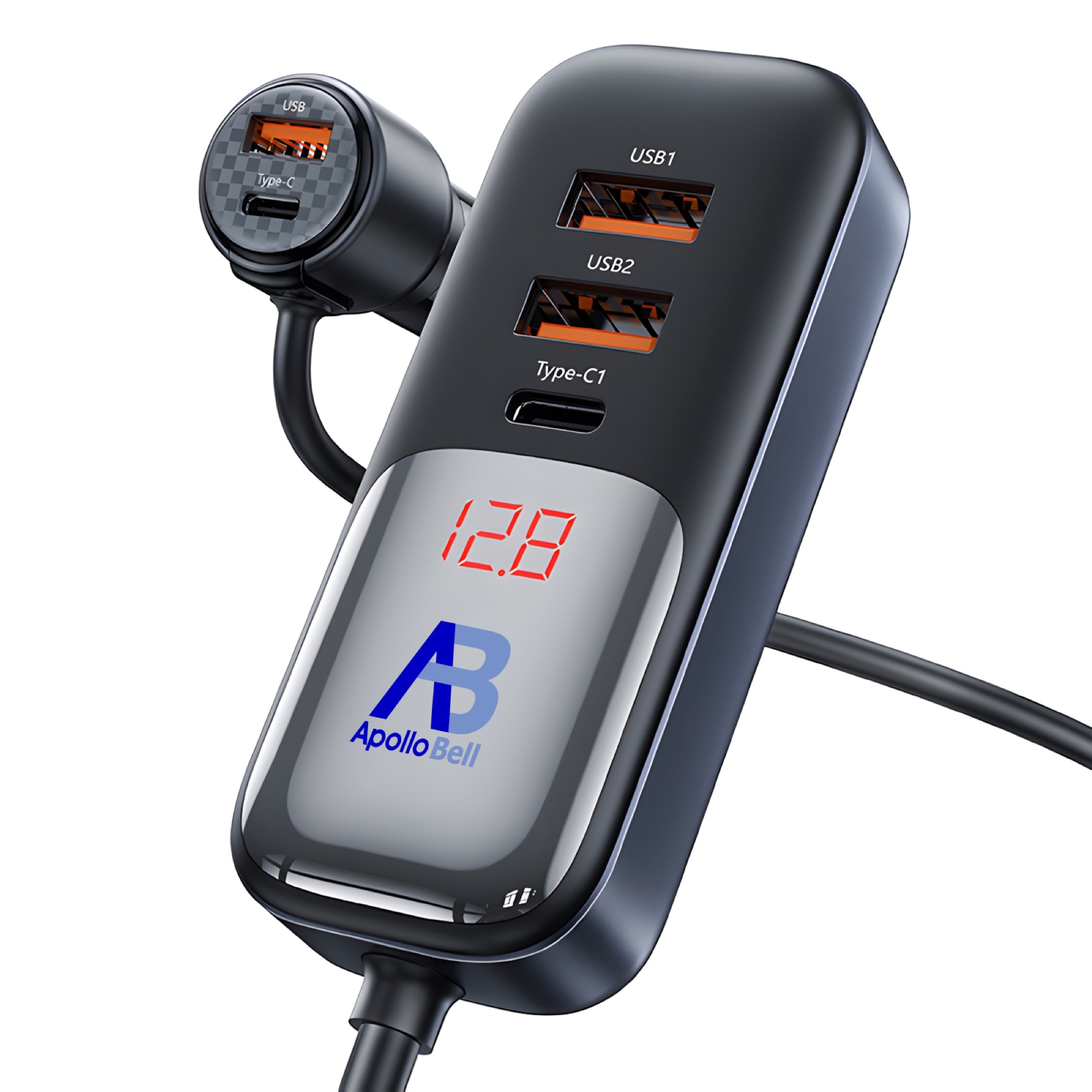 165W Dijital Ekranlı Araç Şarj Cihazı, 2 Type-C + 3 USB, 1,5m Uzatma Kablolu, Siyah - 2