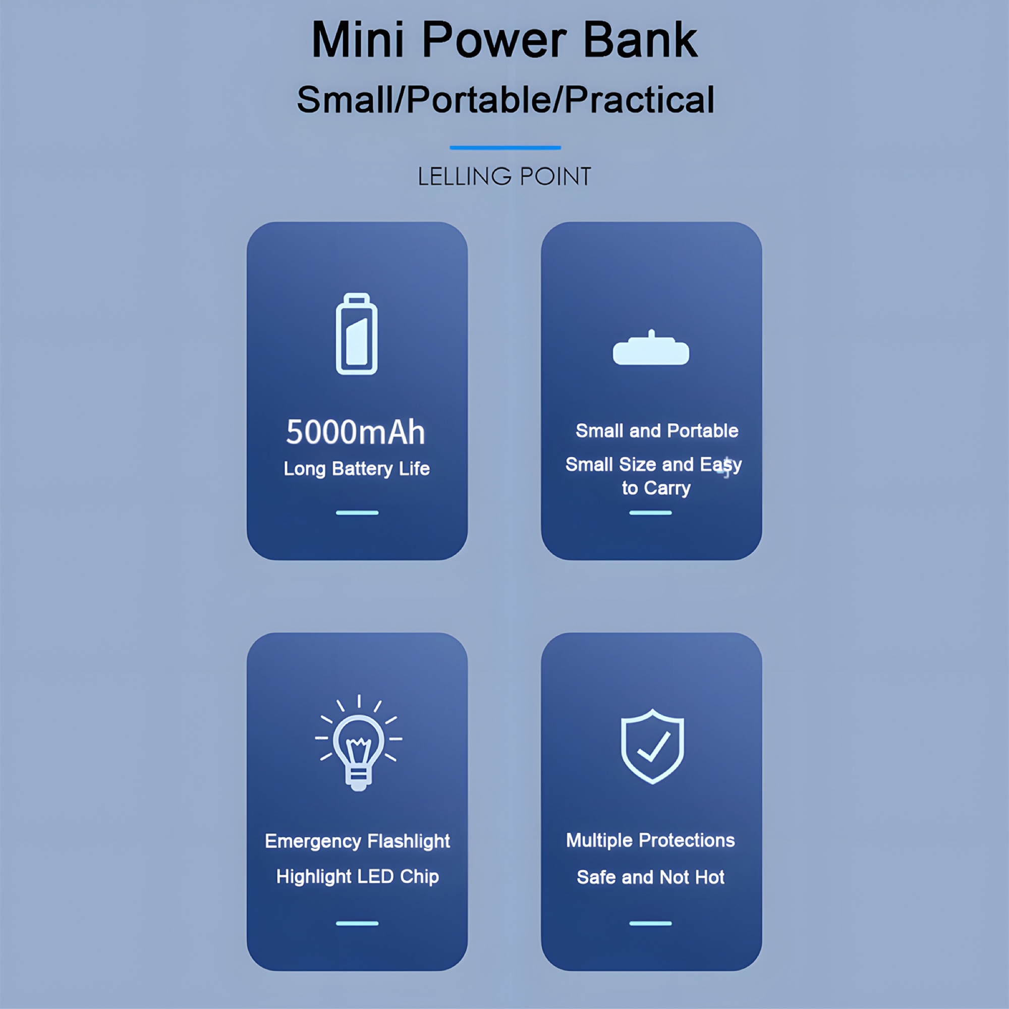 5000mAh Mini Powerbank, USB-C, LED El Fenerli, Siyah - 2