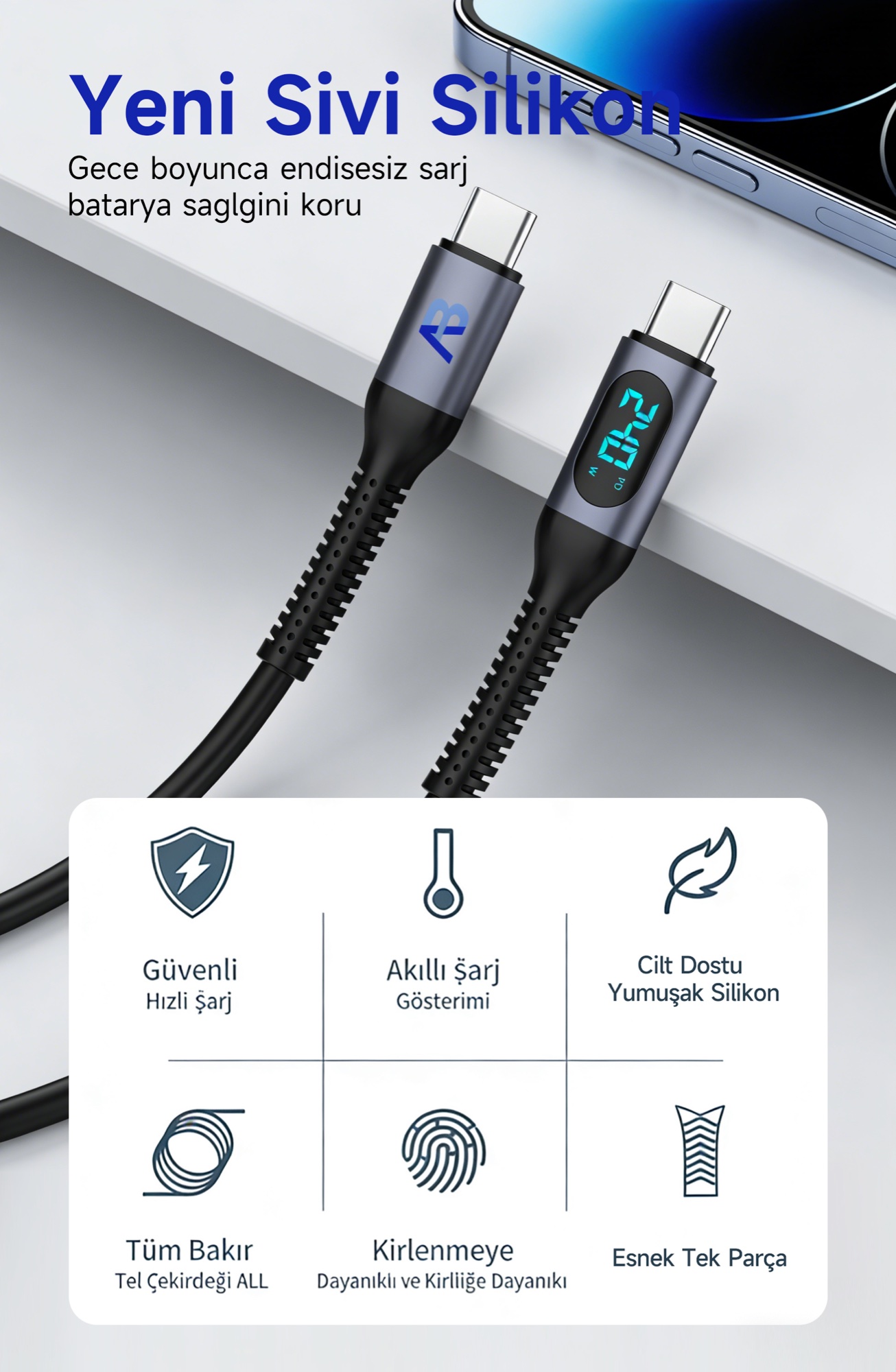 240W USB-C Şarj Kablosu + Seyahat Tutucusu Seti, LED Güç Göstergeli, 100cm Siyah - 3