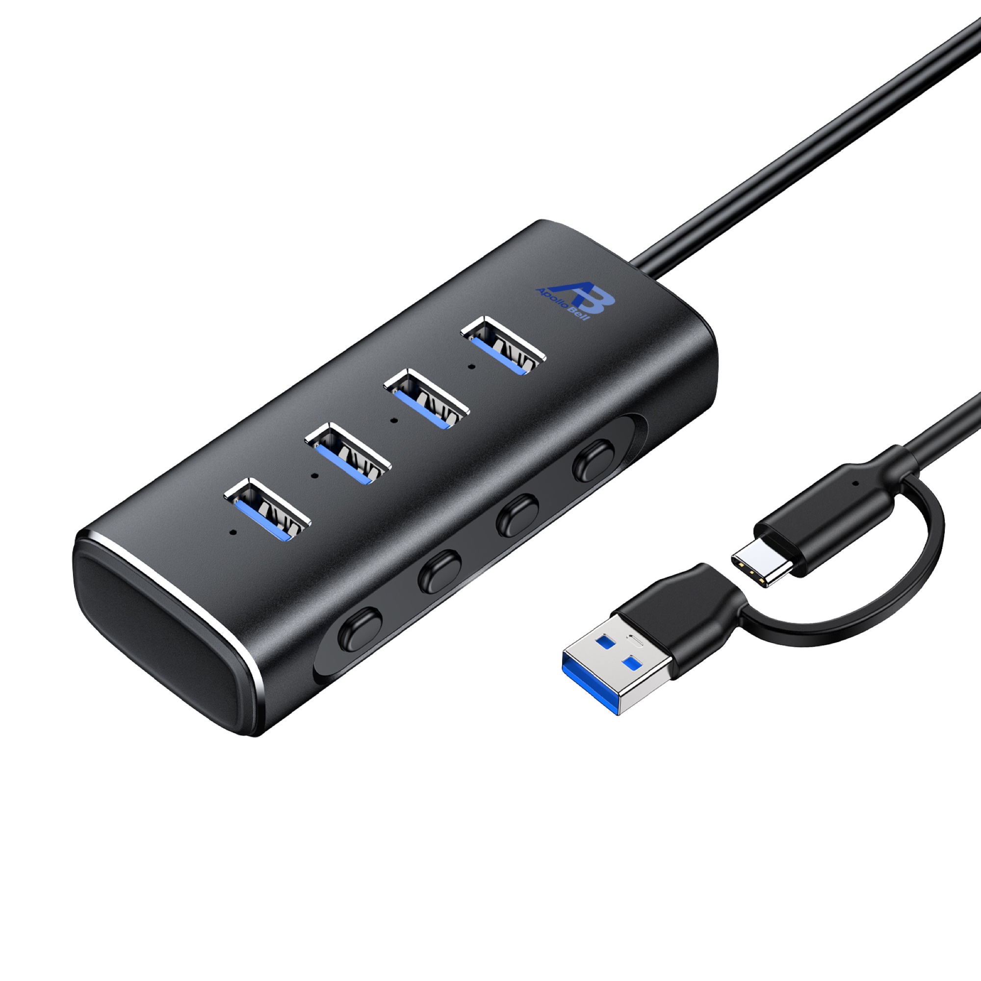 4 Portlu USB-A Hub 10Gbps USB 3.2 Gen 2, Bağımsız Anahtarlı Alüminyum, USB-C/USB-A Girişli, Siyah