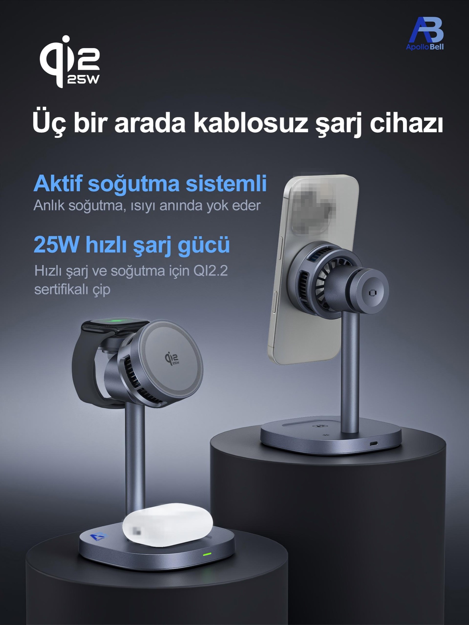 3'ü 1 Arada Qi2 Manyetik Kablosuz Şarj Standı 25W, Aktif Soğutmalı, Gri - 6