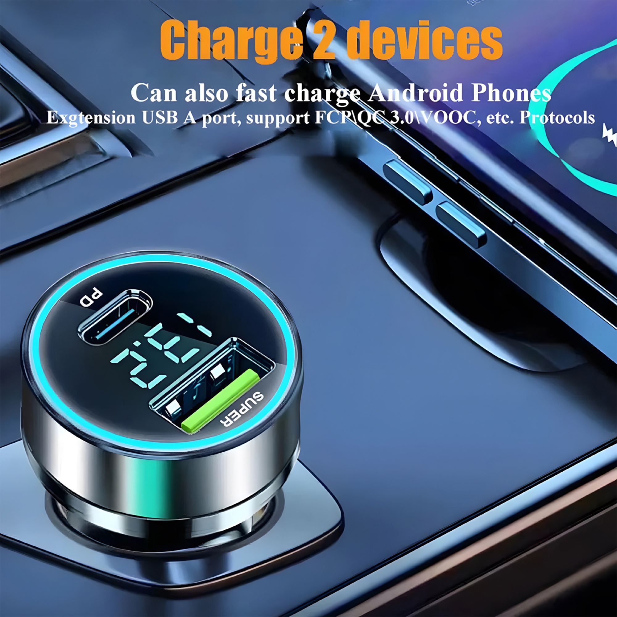 120W Dijital Ekranlı Araç Şarj Cihazı USB-A + PD Type-C, 6A Type-C Kablolu - 6
