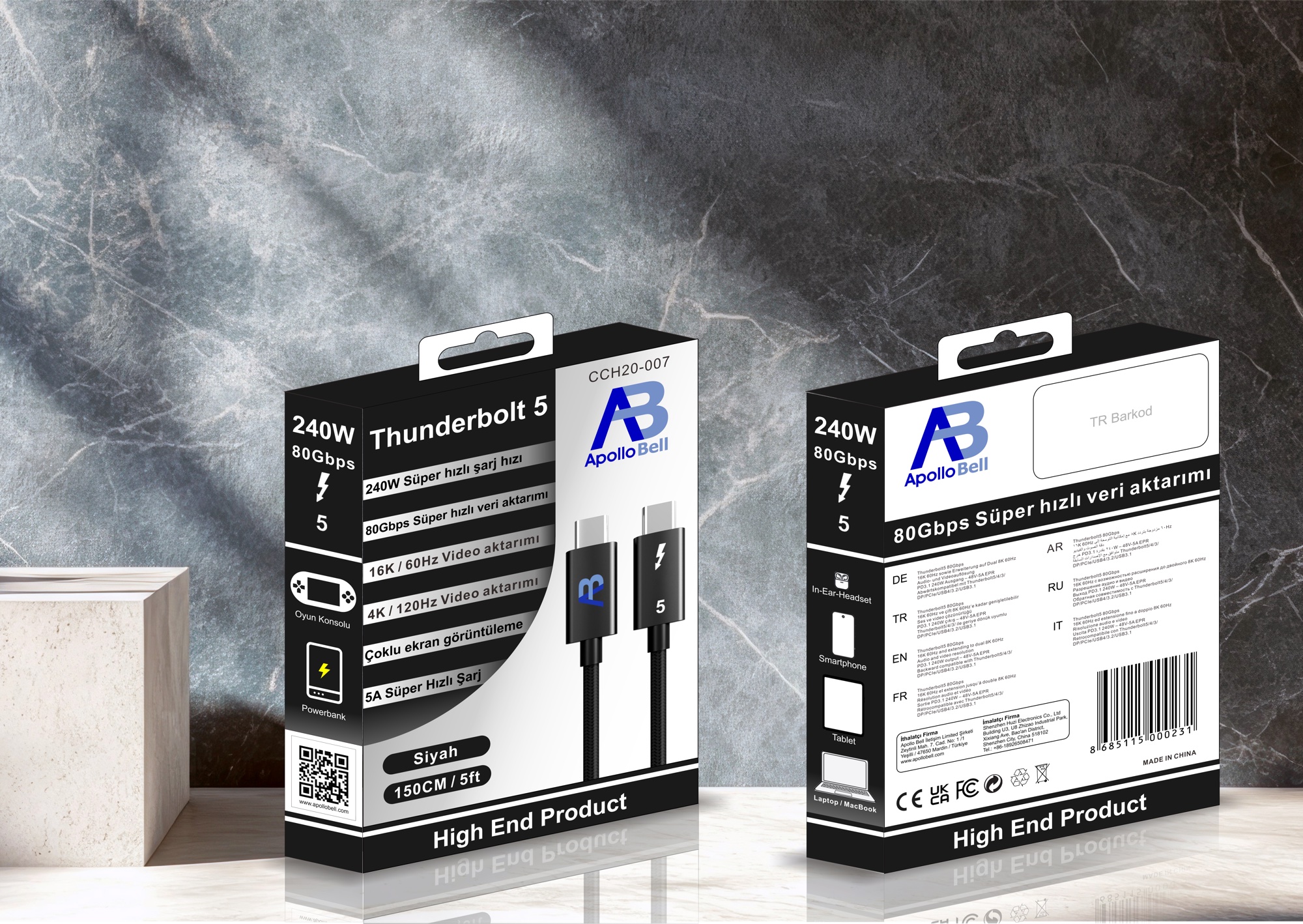 Thunderbolt 5 Kablo 240W / 80Gbps Örgülü USB-C, 150cm Siyah - 11