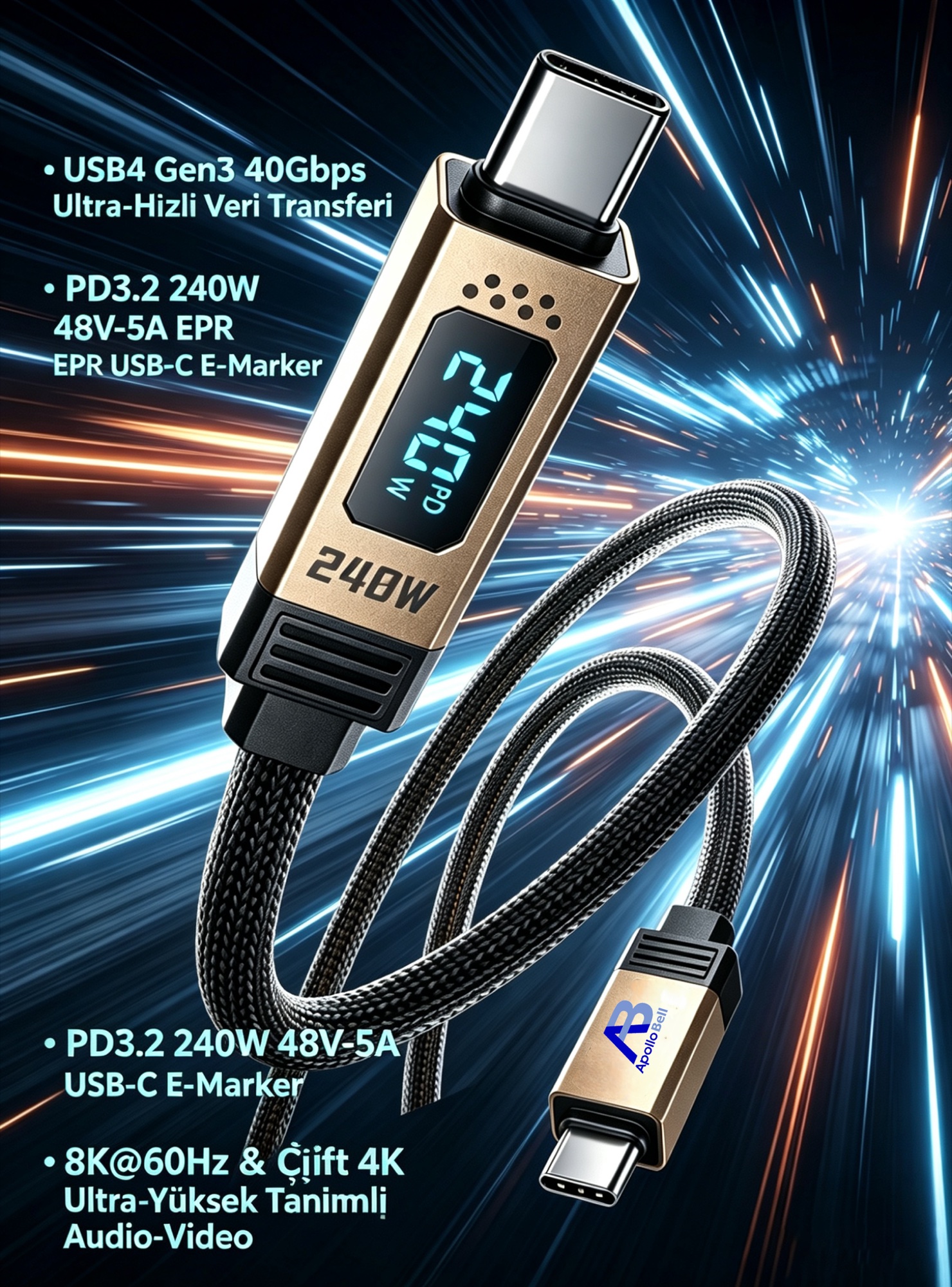 USB4 Gen 3 Kablo 240W / 40Gbps Dijital Ekranlı Örgülü USB-C, 100cm Siyah - 2