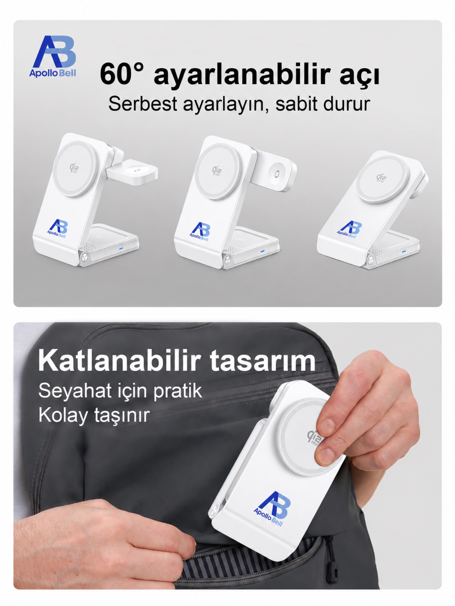 3'ü 1 Arada Katlanabilir Qi2.2 Manyetik Kablosuz Şarj Cihazı 25W, Aktif Soğutmalı, Beyaz - 4