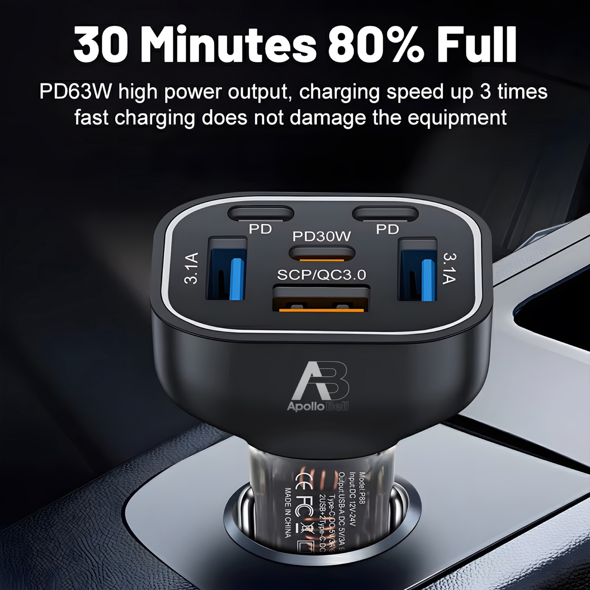 63W 6 Portlu Araç Şarj Cihazı 3x USB-A + 3x Type-C, Renkli LED Işıklı, Siyah - 6