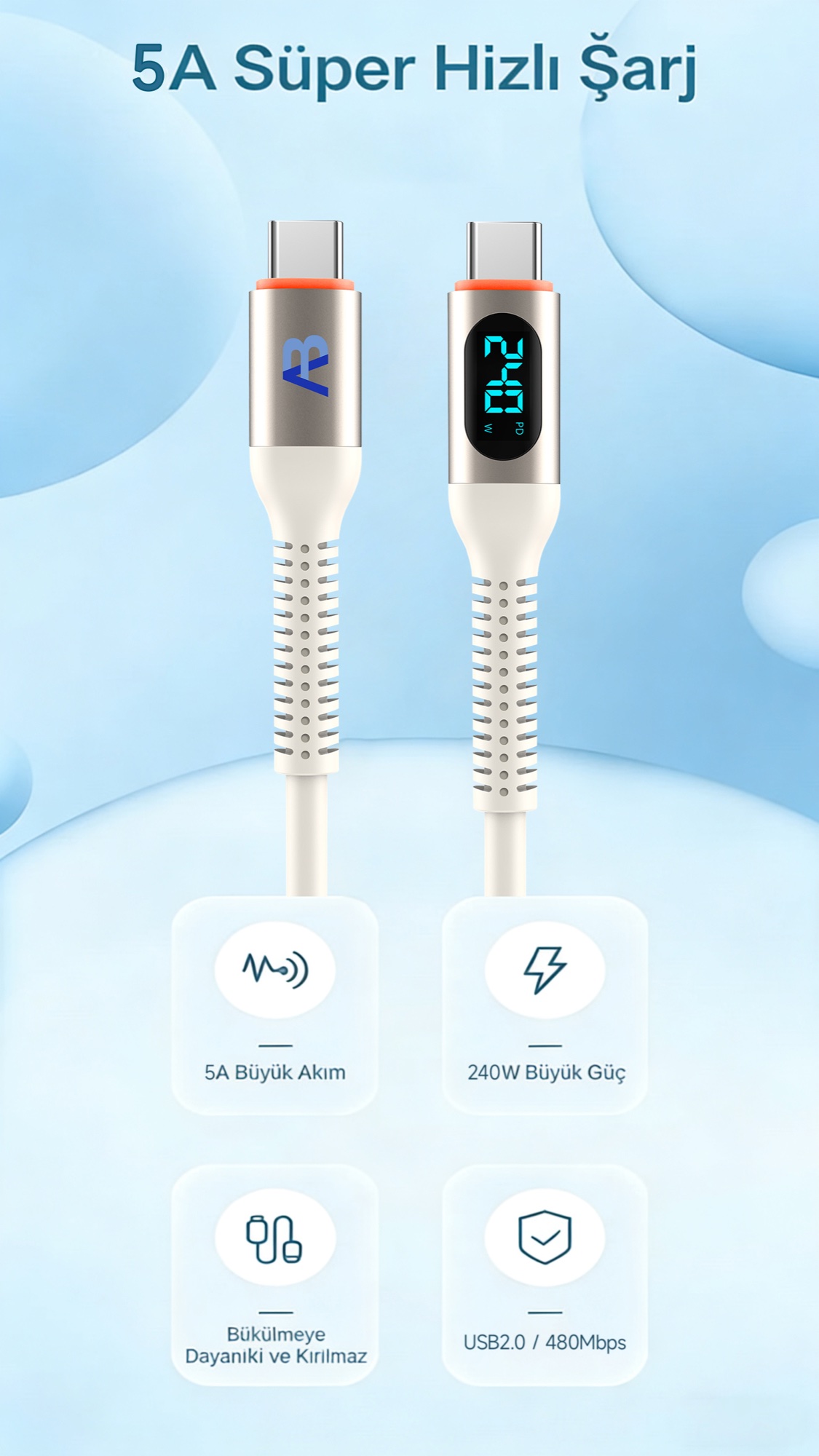 240W Ekranlı USB-C Hızlı Şarj ve Data Kablosu, Sıvı Silikon, 20cm Beyaz - 7