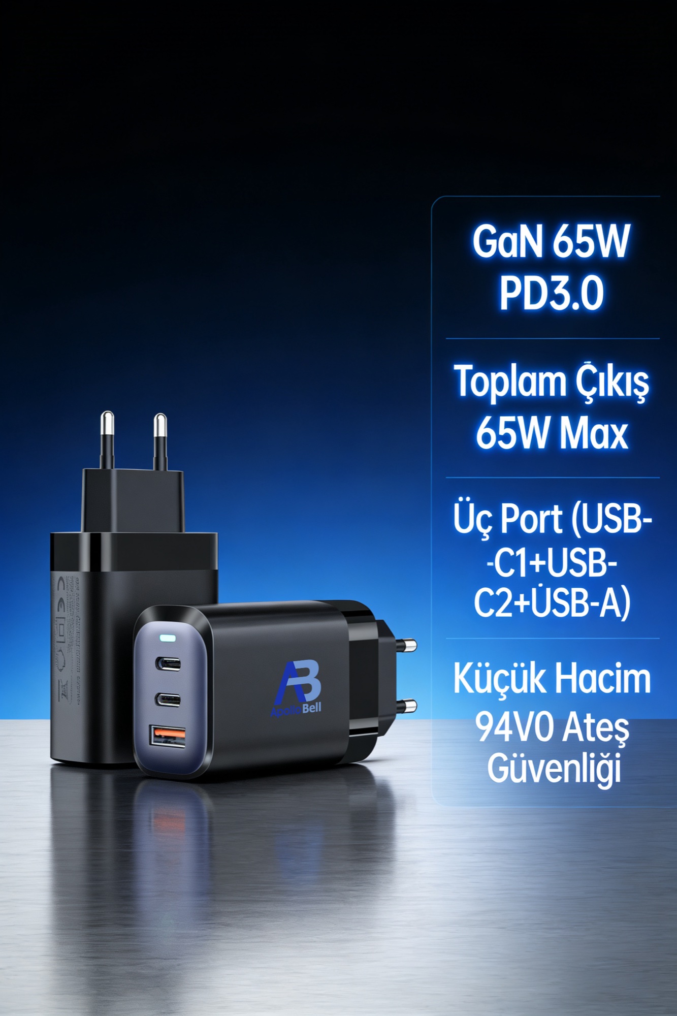 65W GaN Pro+ Süper Hızlı Şarj Cihazı, 2x USB-C + USB-A, Titanyum/Siyah - 9