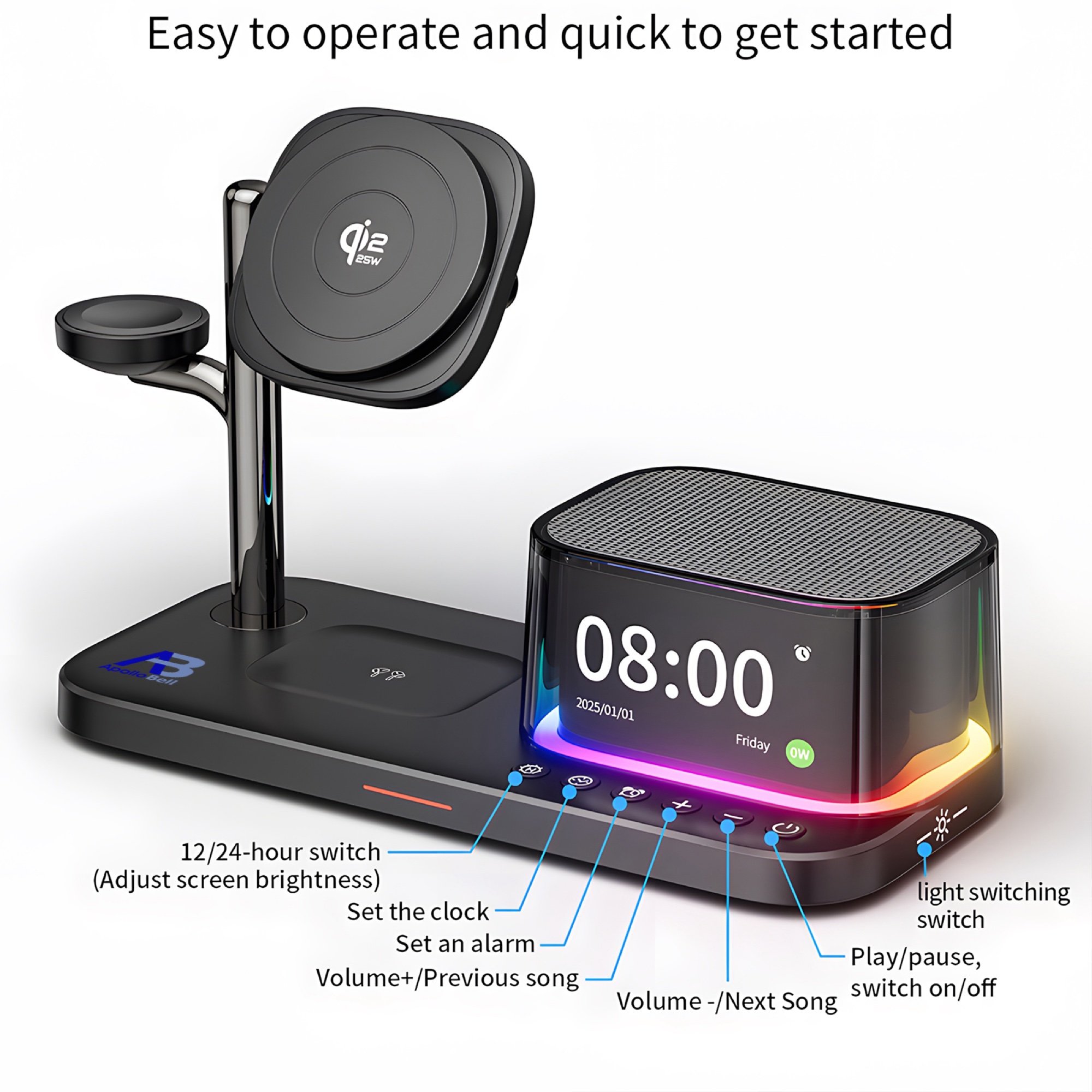 5'i 1 Arada Qi2.2 Manyetik Kablosuz Şarj Cihazı 25W, Bluetooth Hoparlör + Alarm Saati + Gece Lambası, Siyah - 11
