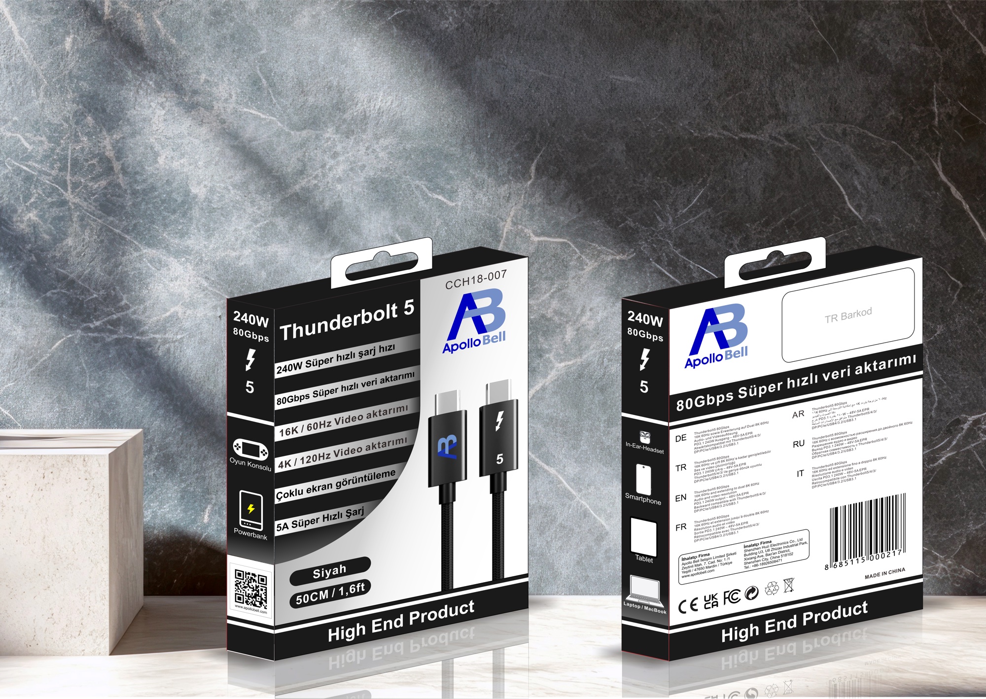 Thunderbolt 5 Kablo 240W / 80Gbps Örgülü USB-C, 50cm Siyah - 11