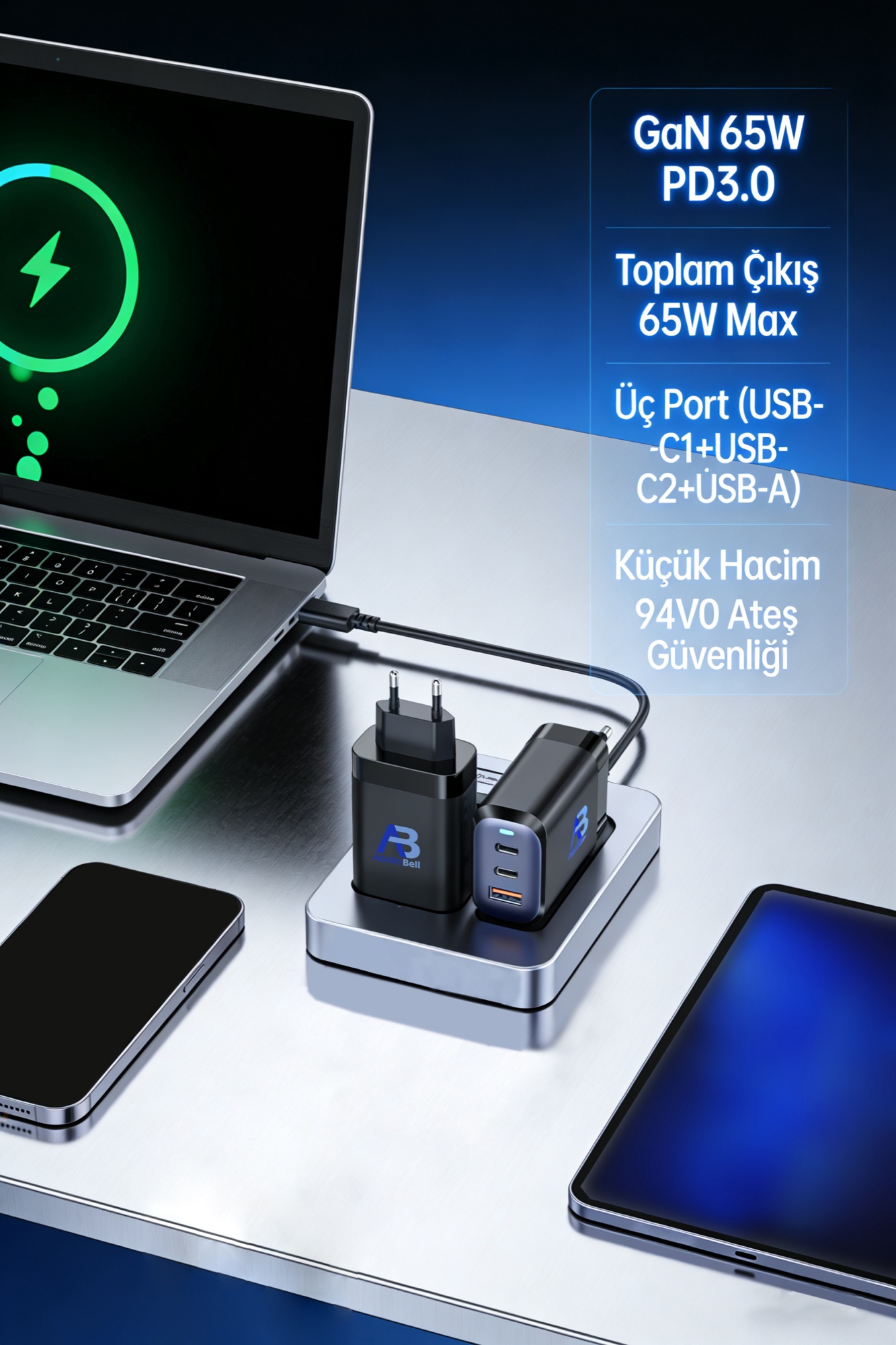 65W GaN Pro+ Süper Hızlı Şarj Cihazı, 2x USB-C + USB-A, Titanyum/Siyah - 12