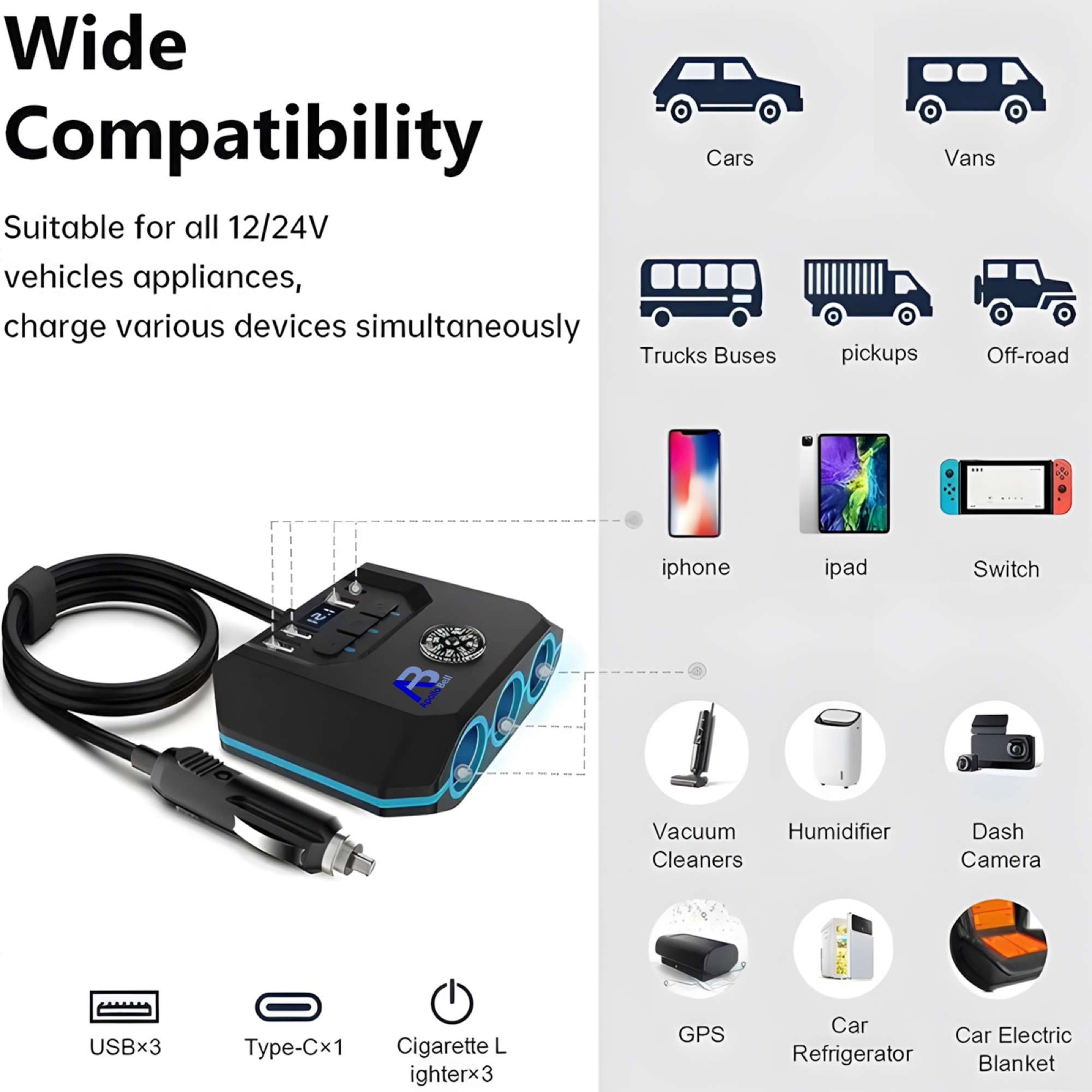 120W Araç Çakmak Çoğaltıcı 3 Çakmak Soketi + 3 USB-A + Type-C, Voltaj Göstergeli, Siyah - 4