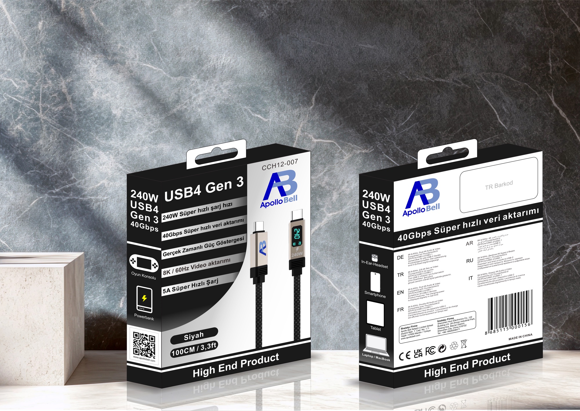 USB4 Gen 3 Kablo 240W / 40Gbps Dijital Ekranlı Örgülü USB-C, 100cm Siyah - 3