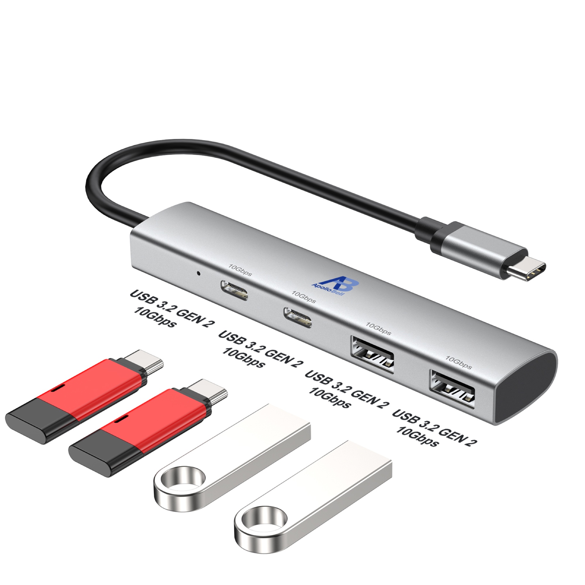 4 Portlu USB-C 3.2 Gen 2 Hub, 2x USB-C + 2x USB-A 10Gbps, Alüminyum, Gri - 2