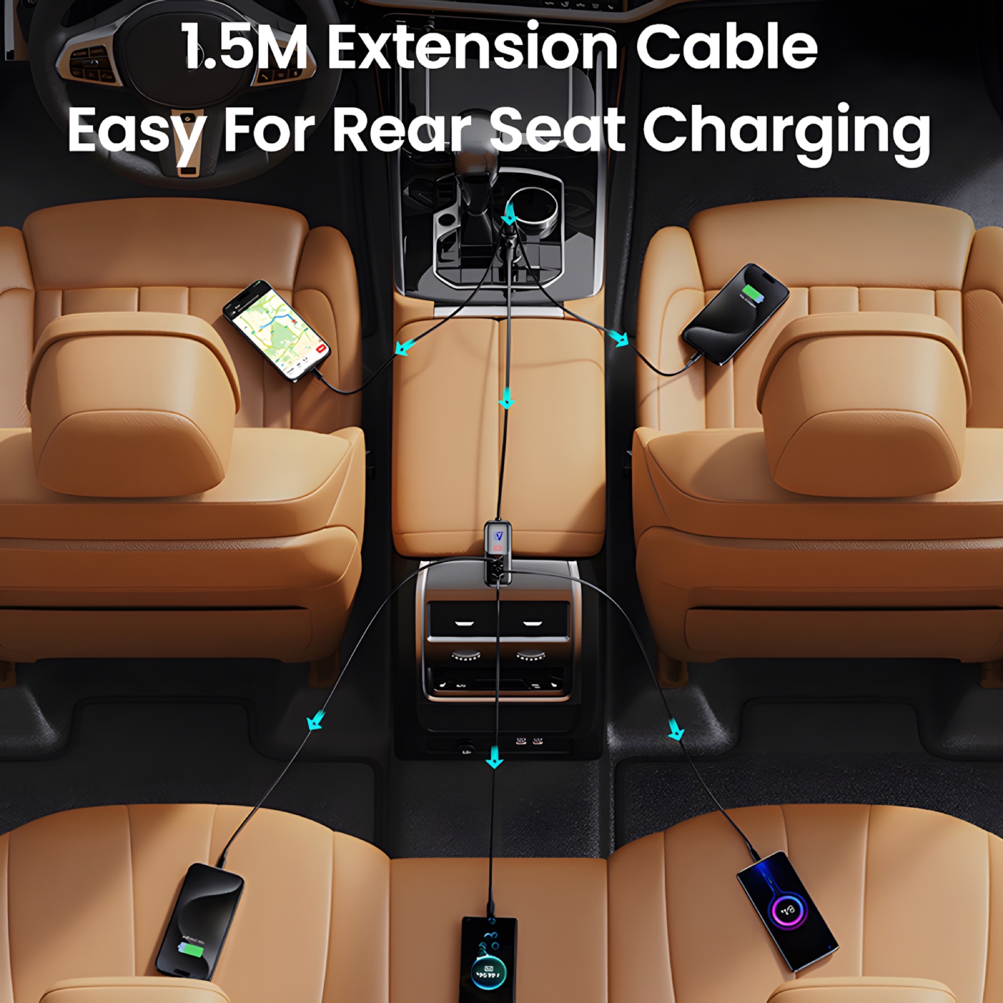 165W Dijital Ekranlı Araç Şarj Cihazı, 2 Type-C + 3 USB, 1,5m Uzatma Kablolu, Siyah - 6