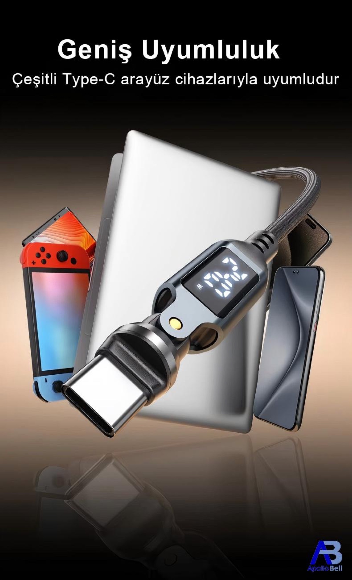 240W Dijital Ekranlı 540° Dönebilen USB-C Kablo, 100cm Siyah - 2