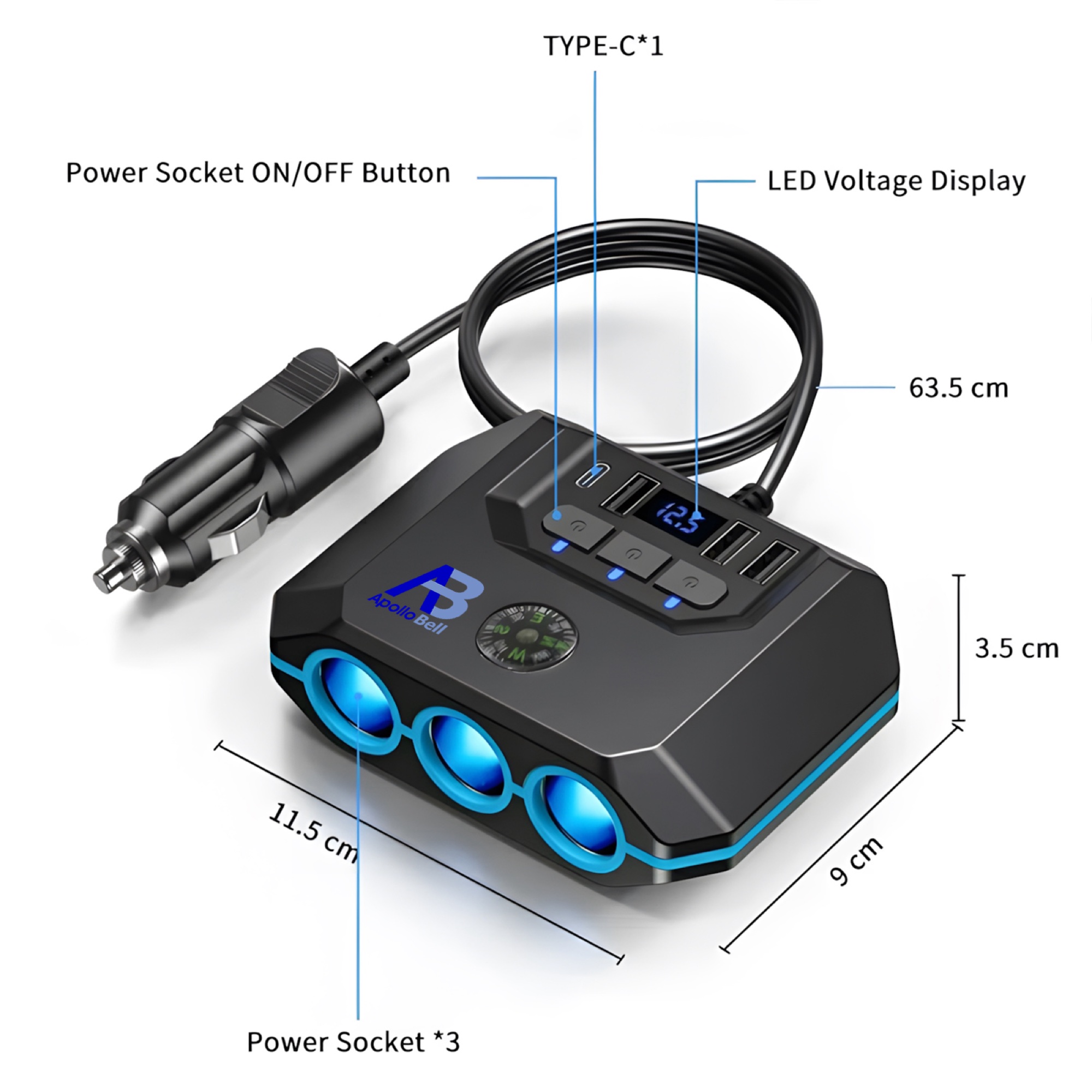 120W Araç Çakmak Çoğaltıcı 3 Çakmak Soketi + 3 USB-A + Type-C, Voltaj Göstergeli, Siyah - 18