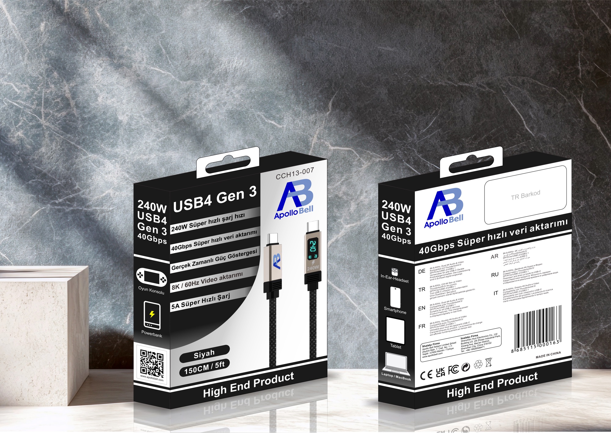 USB4 Gen 3 Kablo 240W / 40Gbps Dijital Ekranlı Örgülü USB-C, 150cm Siyah - 3