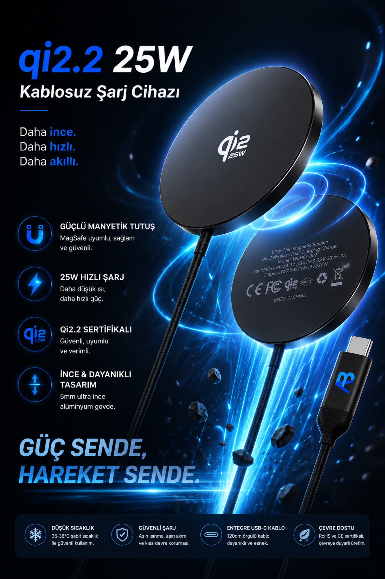 Qi2.2 25W Manyetik Kablosuz Şarj Cihazı, 120cm Entegre USB-C Kablolu, Siyah - 3