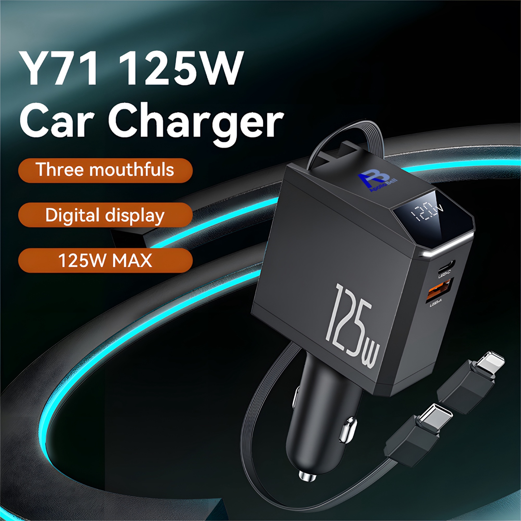 125W Araç Şarj Cihazı USB-A + USB-C, 65W Makaralı Type-C Kablo ve iP Adaptörlü, Siyah - 2