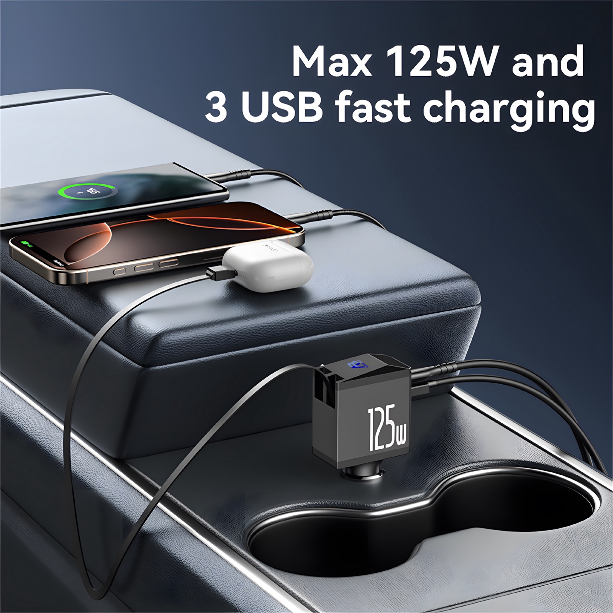 125W Araç Şarj Cihazı USB-A + USB-C, 65W Makaralı Type-C Kablo ve iP Adaptörlü, Siyah - 3