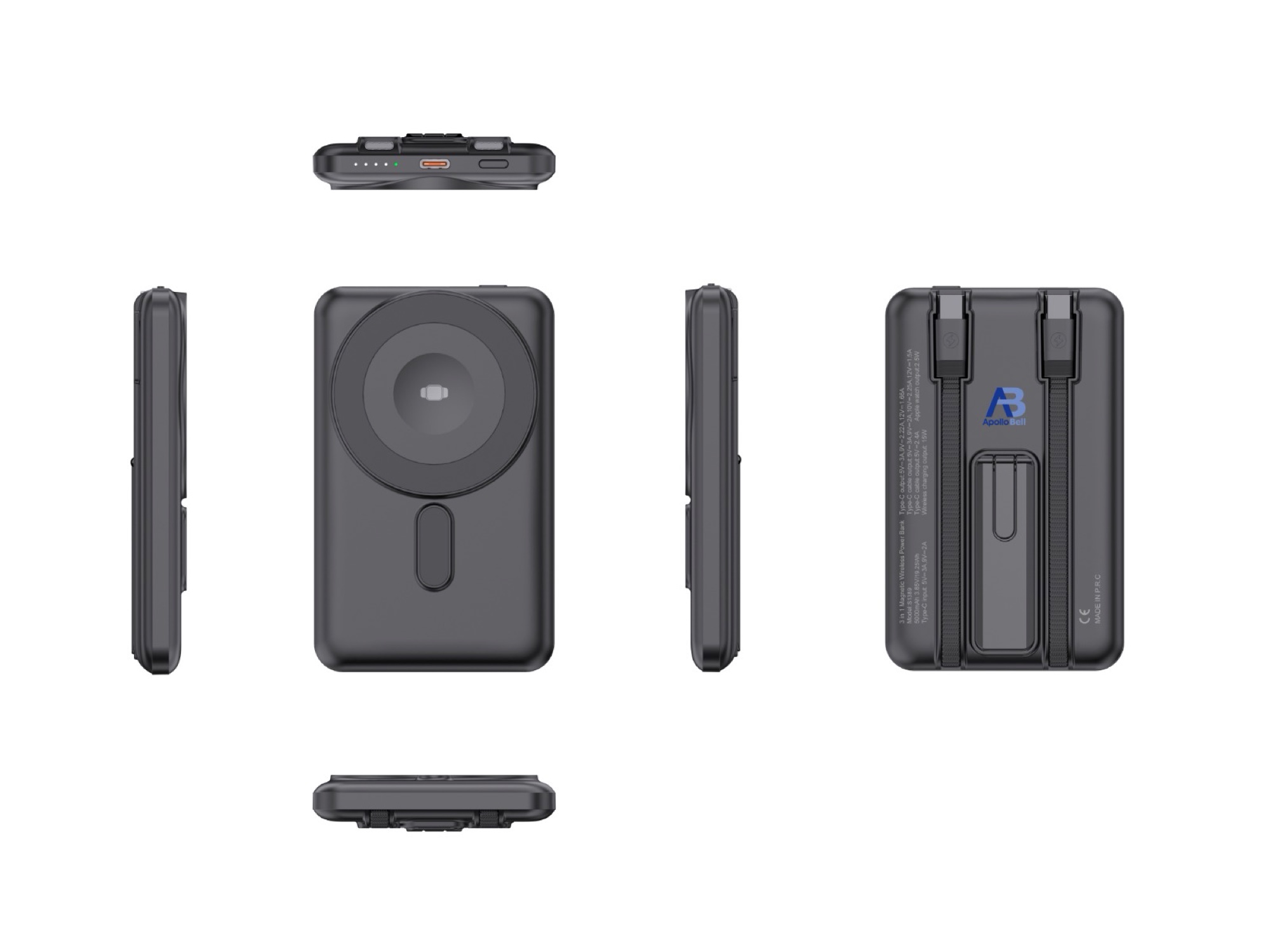 5.000mAh 3'ü 1 Arada Manyetik Kablosuz Powerbank, Dahili USB-C Kablolu ve Standlı, Siyah - 2