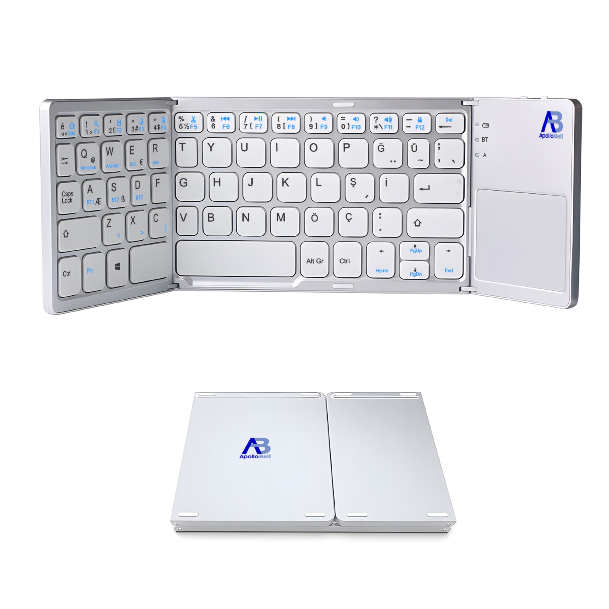 Katlanabilir Mini Bluetooth Klavye, Dokunmatik Yüzeyli Üç Katlı, Beyaz - 3