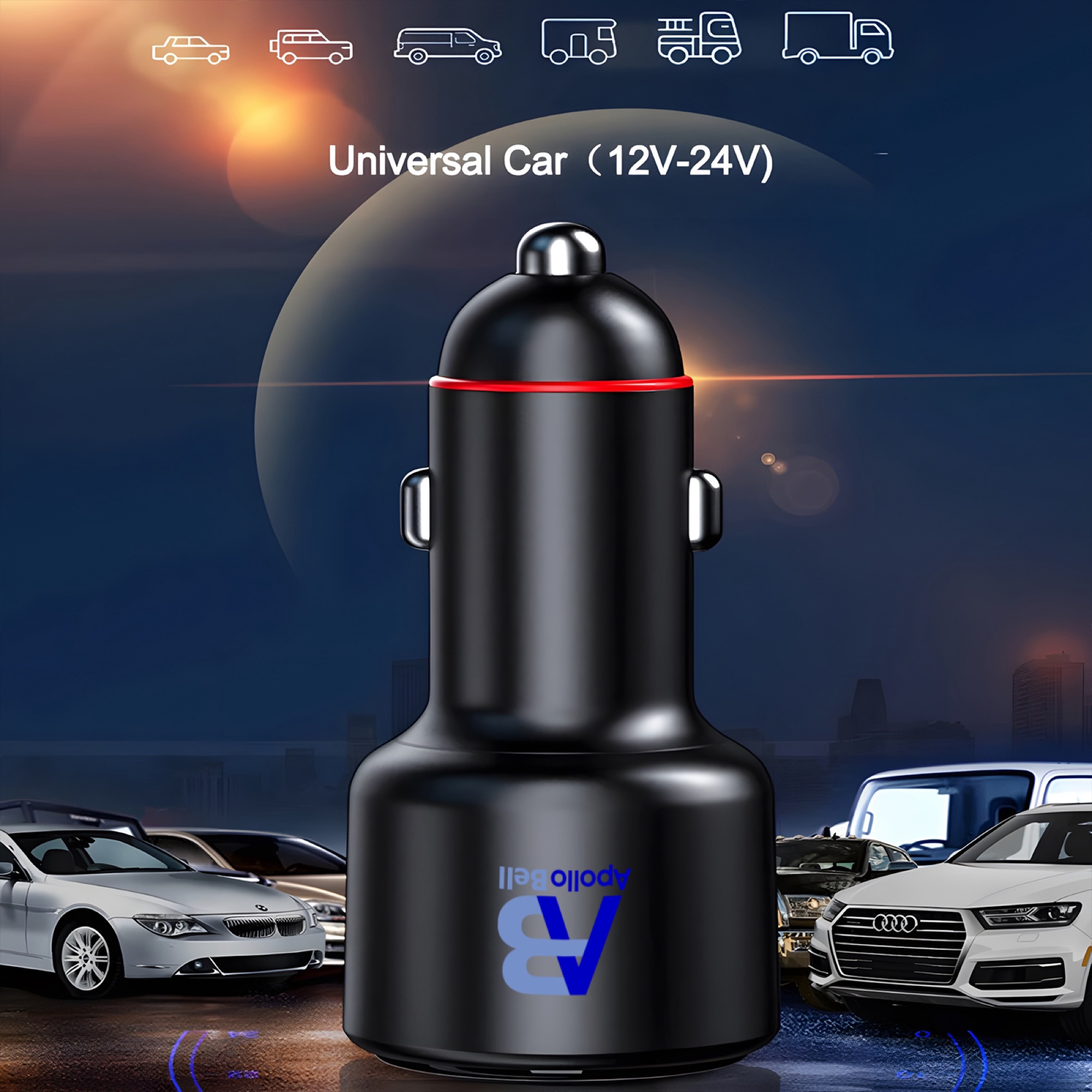 200W Çift USB Araç Şarj Cihazı, Dijital Ekran + 3'ü 1 Arada Kablo (Lightning + Micro + USB-C), Siyah - 6