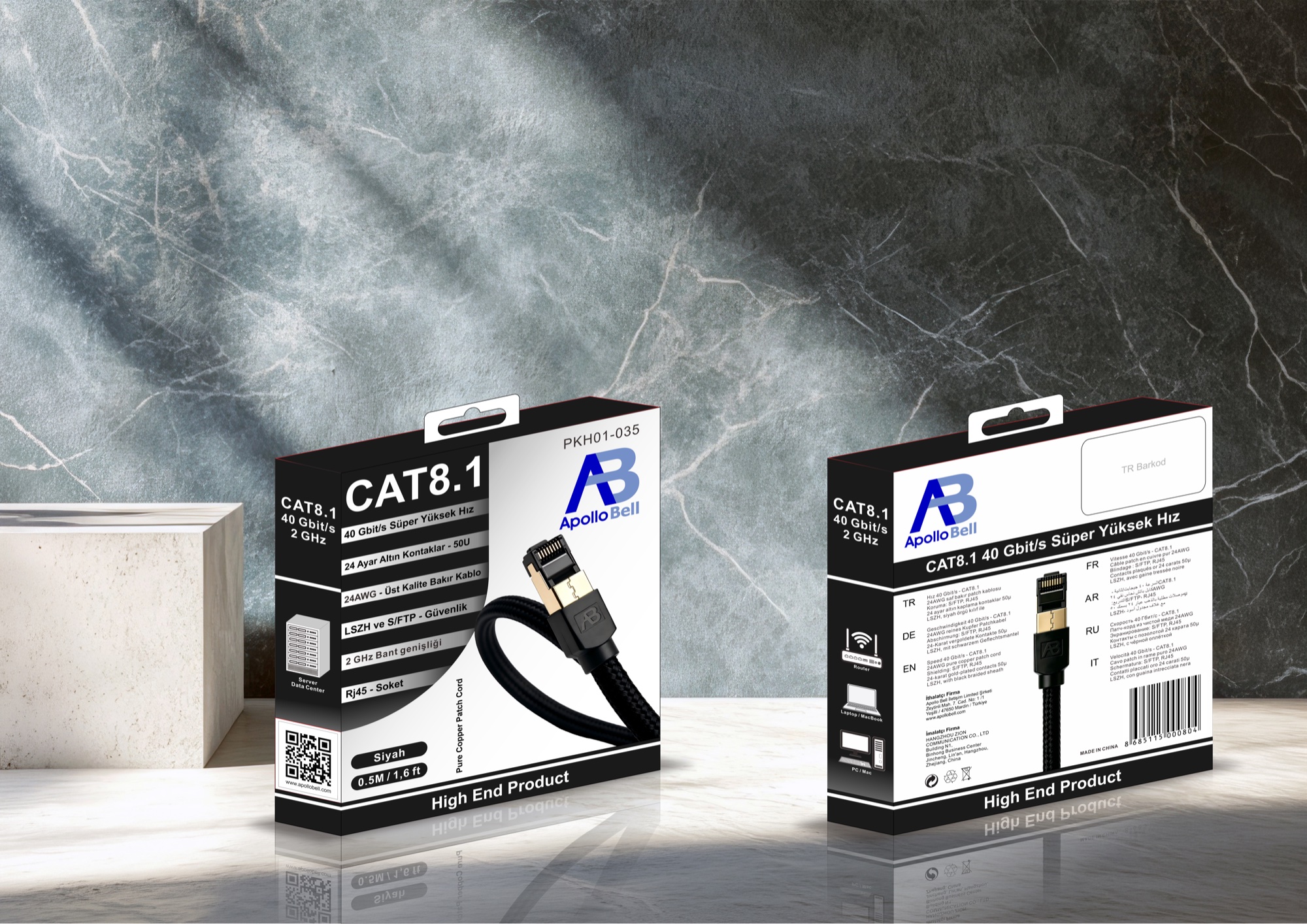 CAT8.1 S/FTP RJ45 Ağ Kablosu 40Gbit/s / 2GHz, 24AWG Saf Bakır, Örgülü LSZH, 0,5m Siyah - 4