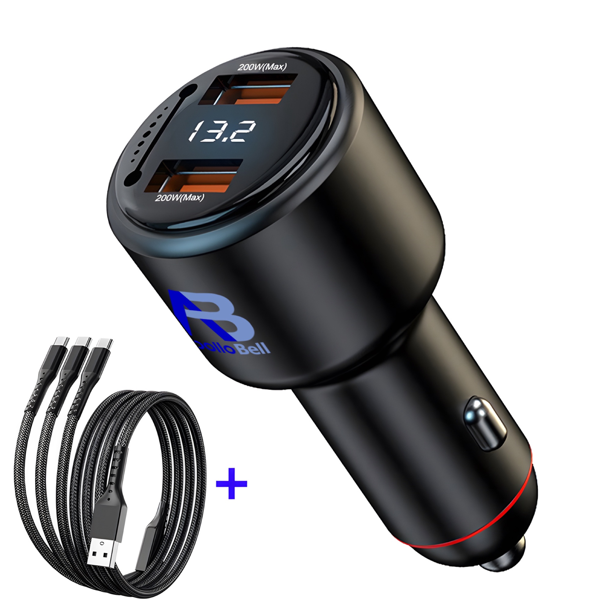 200W Çift USB Araç Şarj Cihazı, Dijital Ekran + 3'ü 1 Arada Kablo (Lightning + Micro + USB-C), Siyah