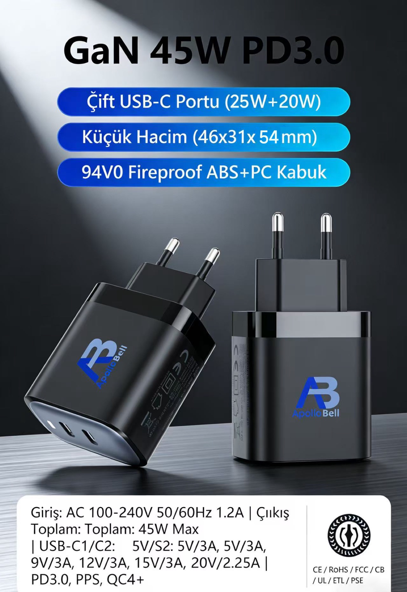 45W GaN Pro Hızlı Şarj Cihazı, Çift USB-C, Titanyum/Siyah - 7