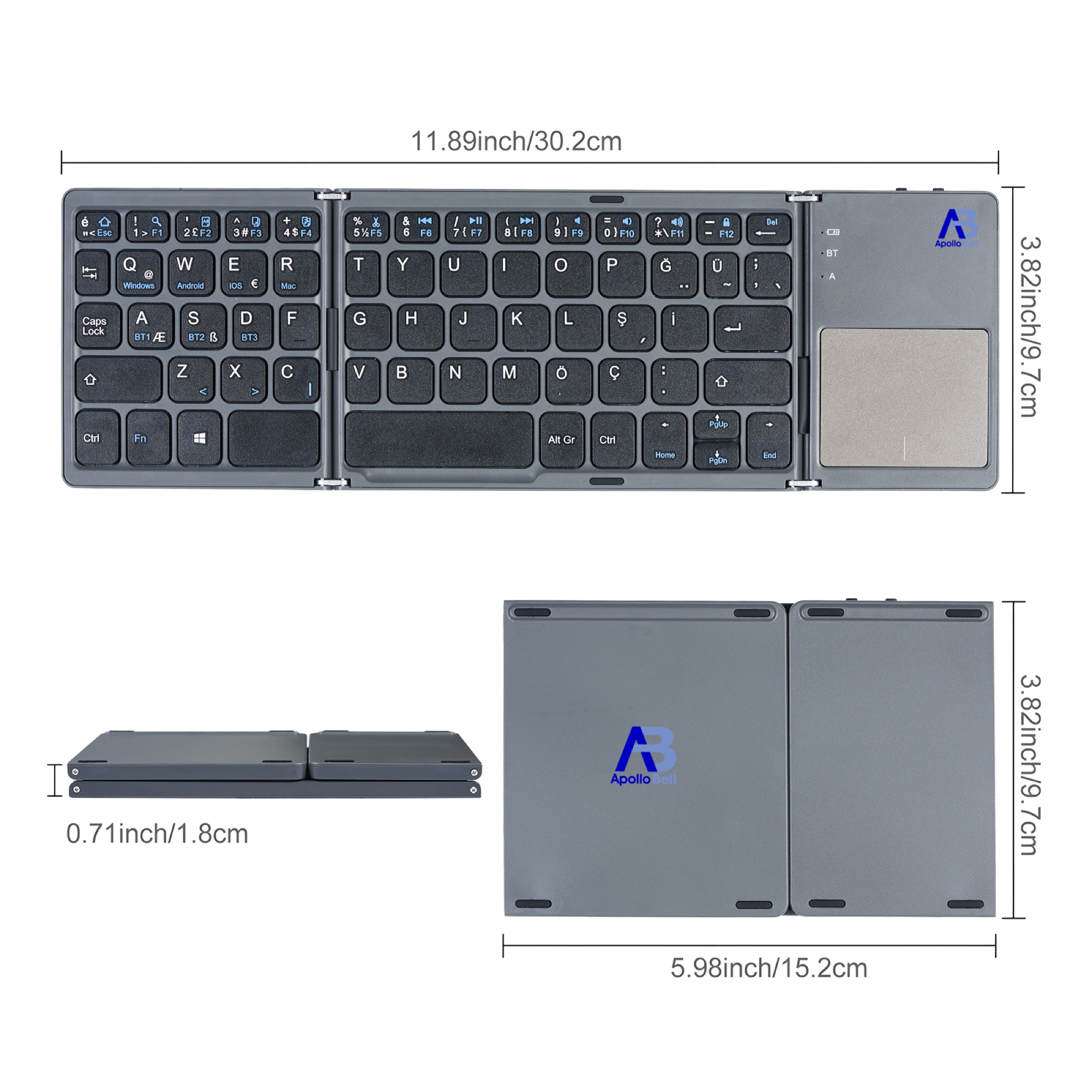 Katlanabilir Bluetooth Klavye, Dokunmatik Yüzeyli Üç Katlı, Gri - 8