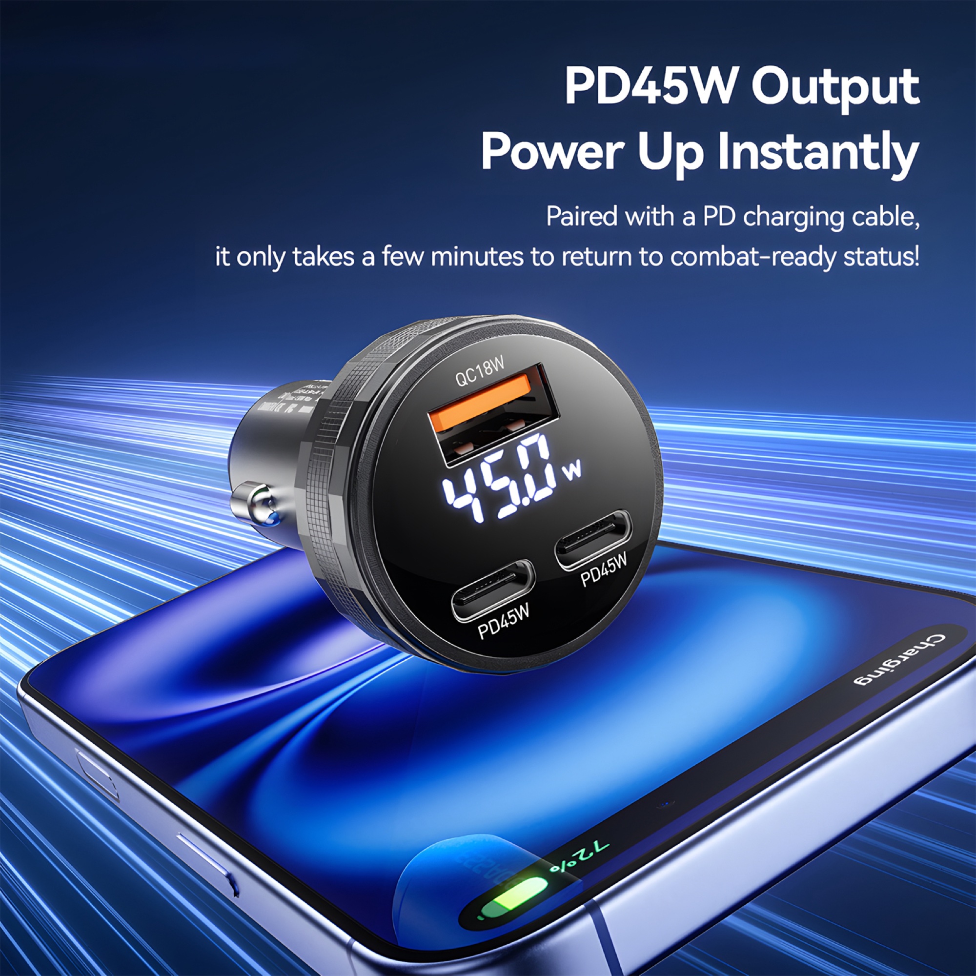 108W Araç Şarj Cihazı 2x 45W USB-C PD + USB-A, Alüminyum Gövde, LED Ekran, Gri - 4