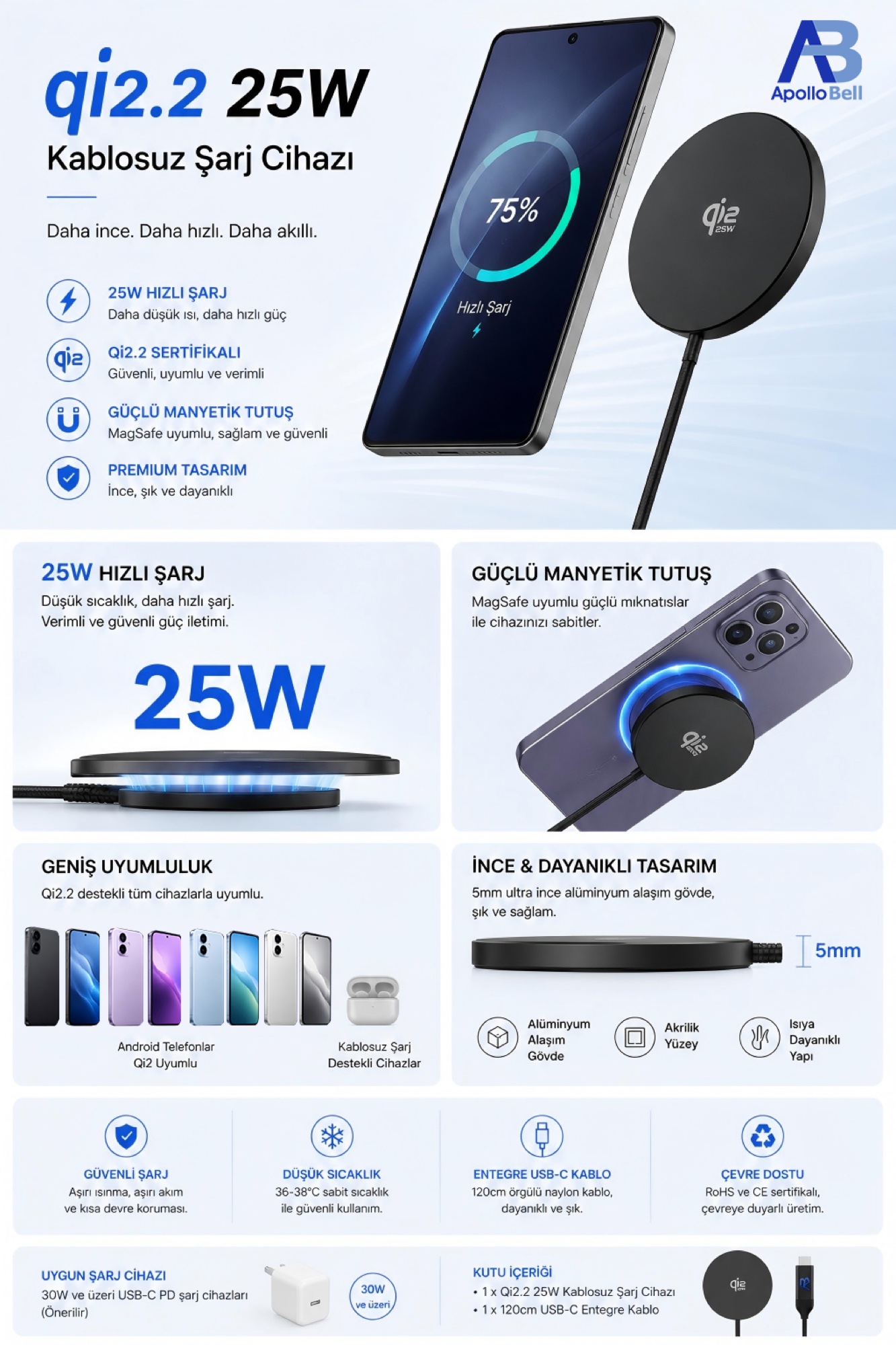 Qi2.2 25W Manyetik Kablosuz Şarj Cihazı, 120cm Entegre USB-C Kablolu, Siyah - 2