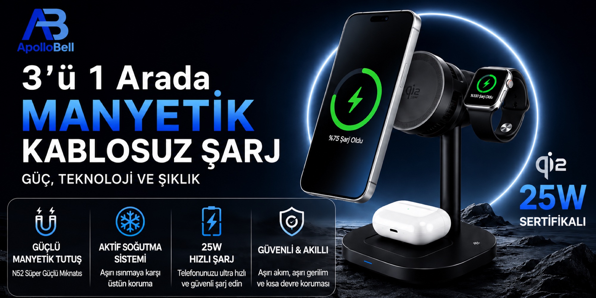 3'ü 1 Arada Qi2 Manyetik Kablosuz Şarj Standı 25W, Aktif Soğutmalı, Siyah - 2