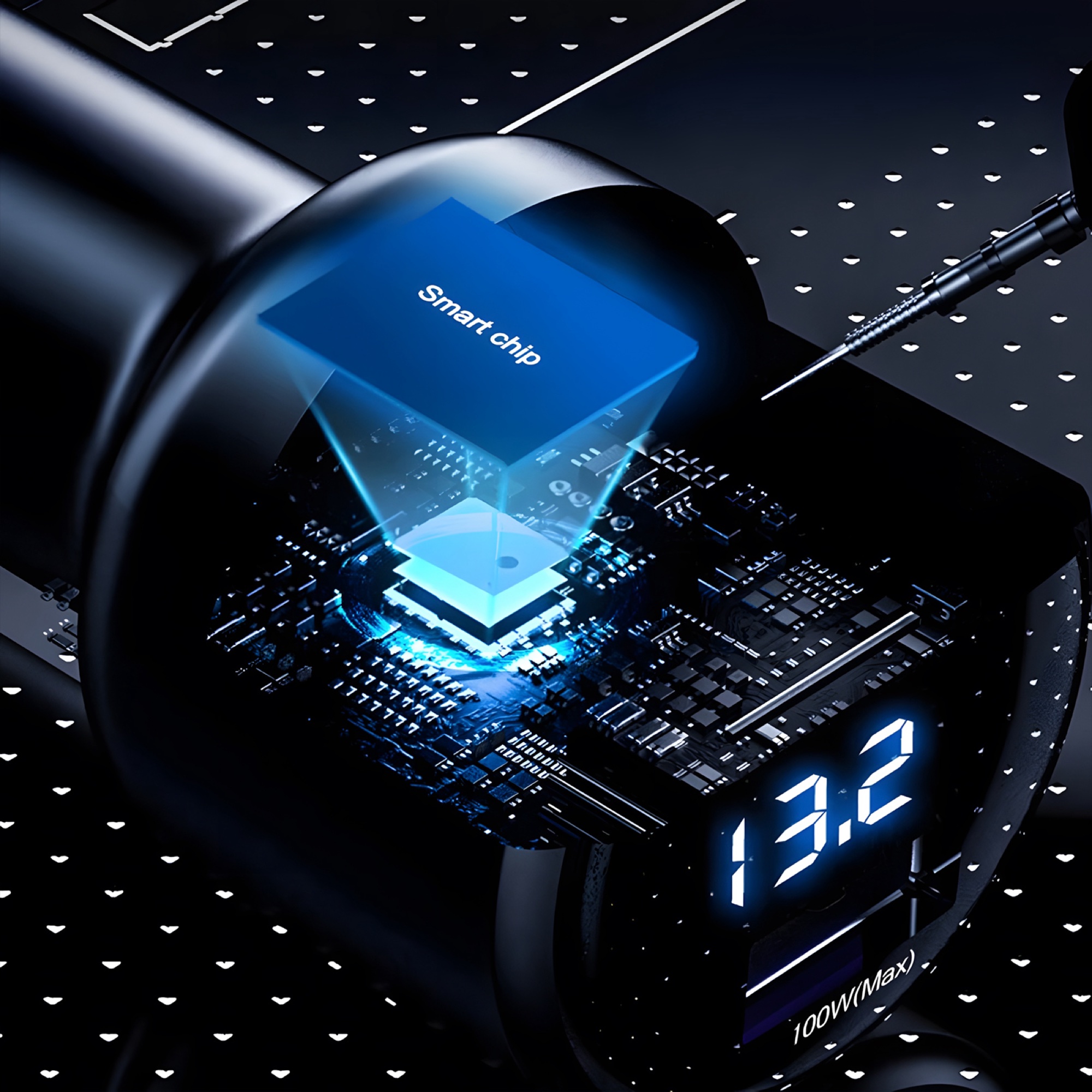 200W Çift USB Araç Şarj Cihazı, Dijital Ekran + 3'ü 1 Arada Kablo (Lightning + Micro + USB-C), Siyah - 5