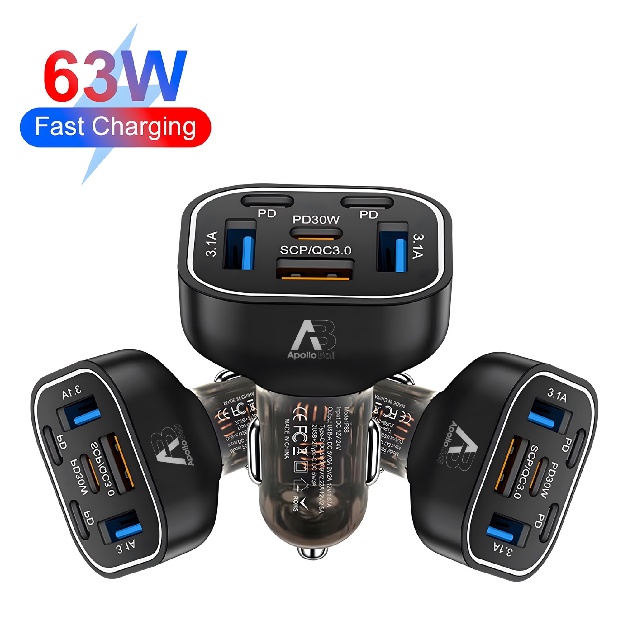 63W 6 Portlu Araç Şarj Cihazı 3x USB-A + 3x Type-C, Renkli LED Işıklı, Siyah - 3