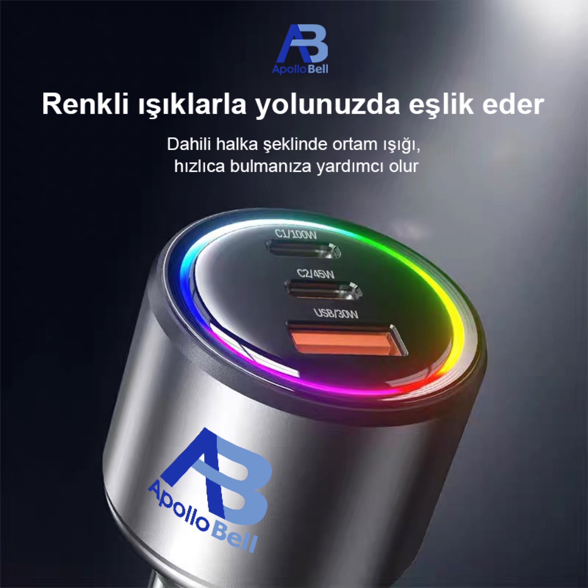 165W 3'ü 1 Arada Araç Şarj Cihazı, 2 Type-C + USB, RGB Işıklı Metal Gövde, Siyah - 4