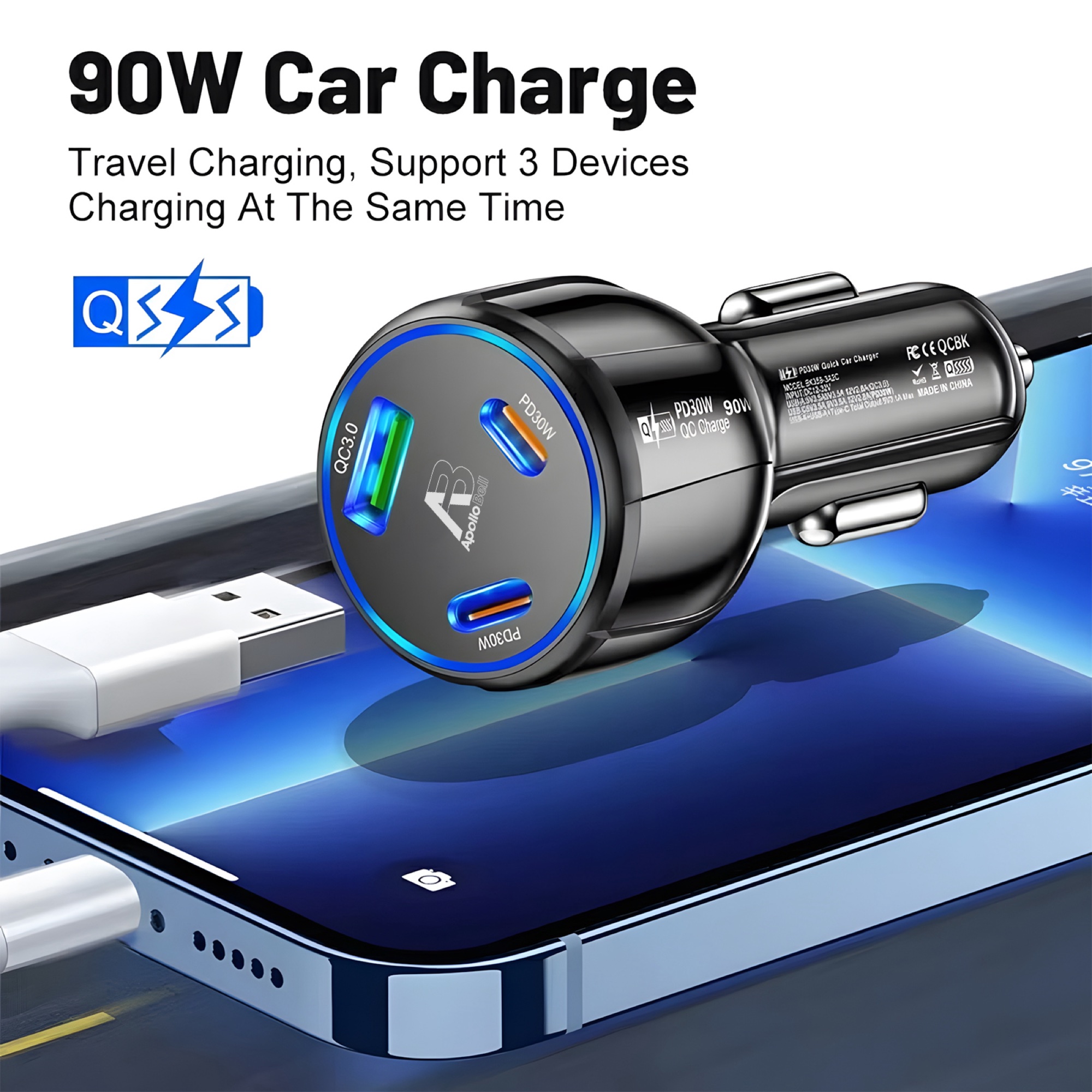 90W 3 Portlu Araç Şarj Cihazı, QC3.0 USB-A + 2x 30W USB-C PD, Siyah - 4