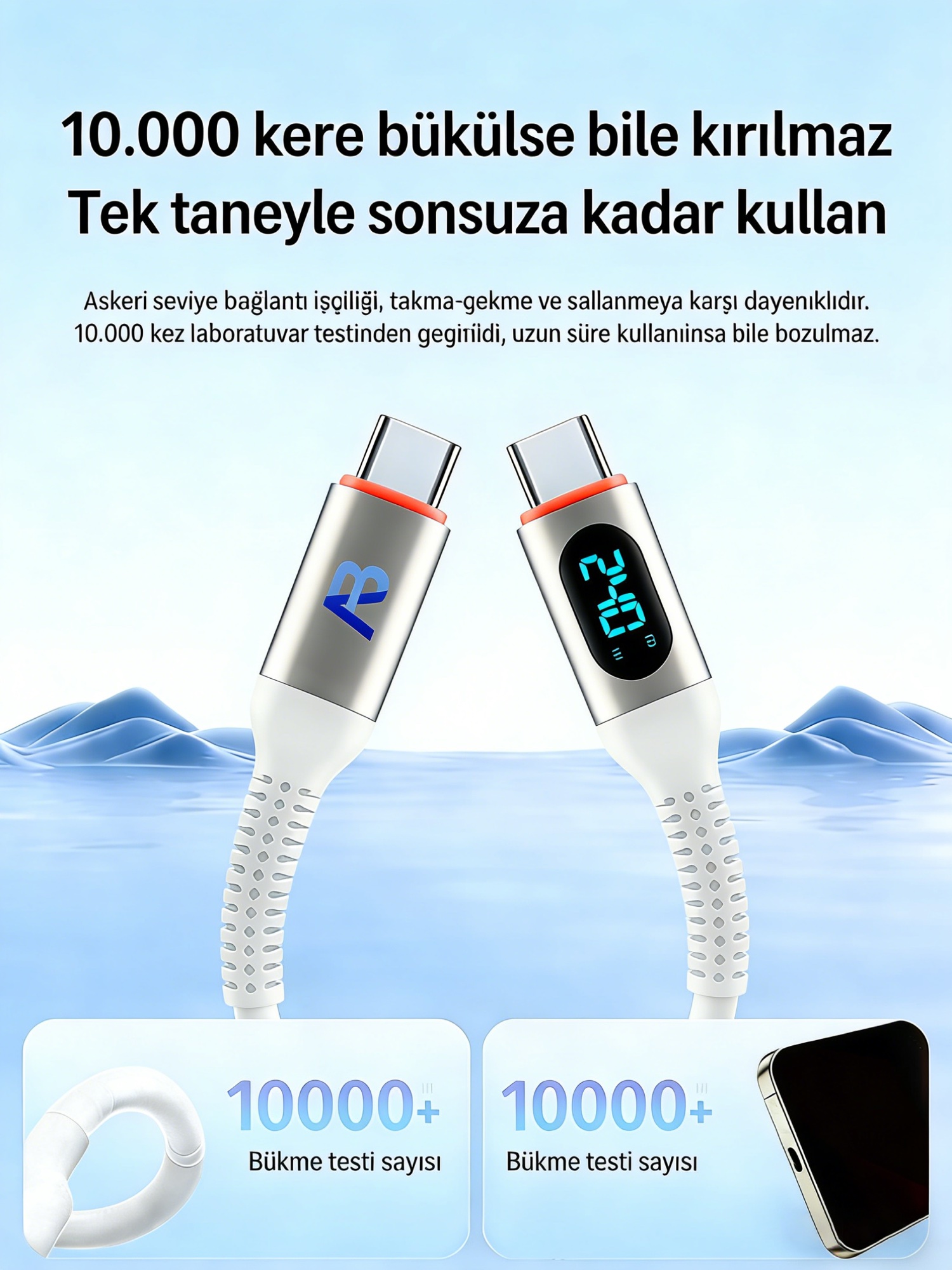 240W USB-C Şarj Kablosu + Seyahat Tutucusu Seti, LED Güç Göstergeli, 150cm Siyah - 4