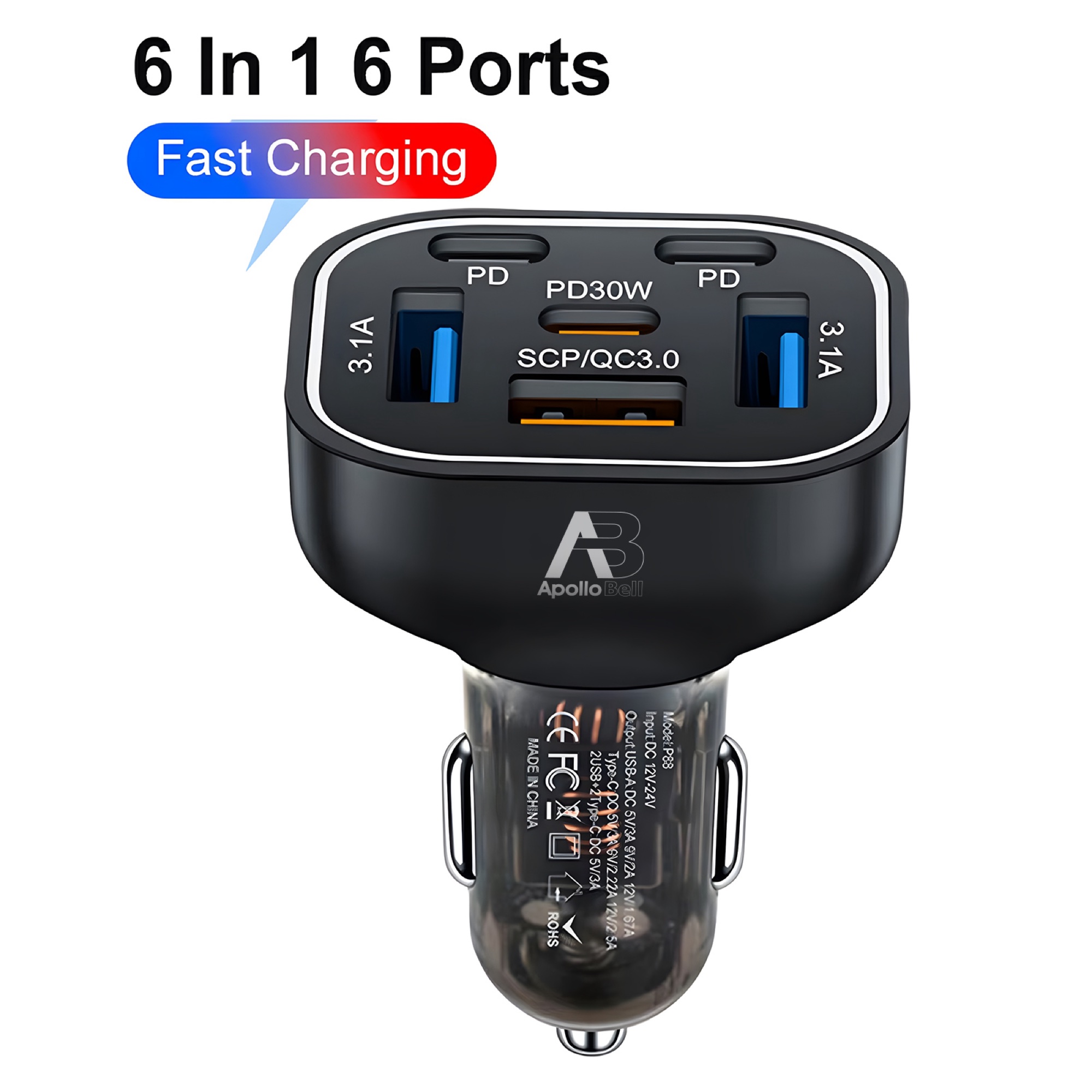 63W 6 Portlu Araç Şarj Cihazı 3x USB-A + 3x Type-C, Renkli LED Işıklı, Siyah - 2