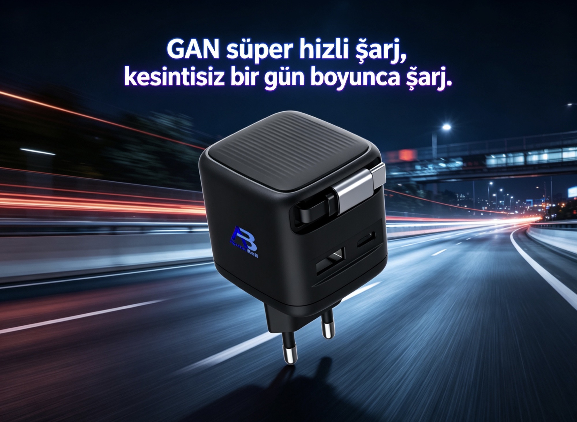65W GaN Şarj Cihazı, Geri Çekilebilir USB-C Kablolu, PD Hızlı Şarj, Siyah - 4