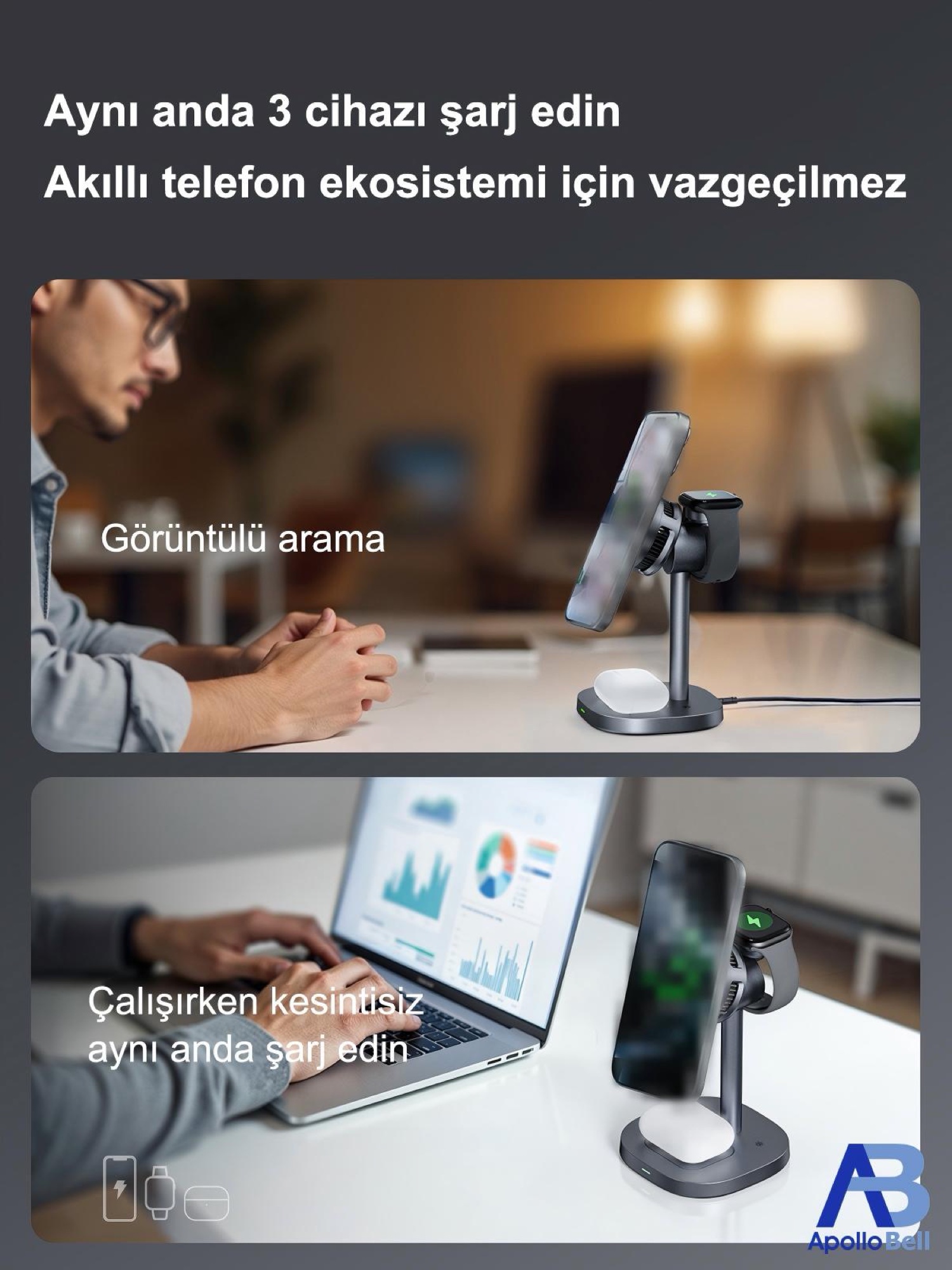3'ü 1 Arada Qi2 Manyetik Kablosuz Şarj Standı 25W, Aktif Soğutmalı, Gri - 4